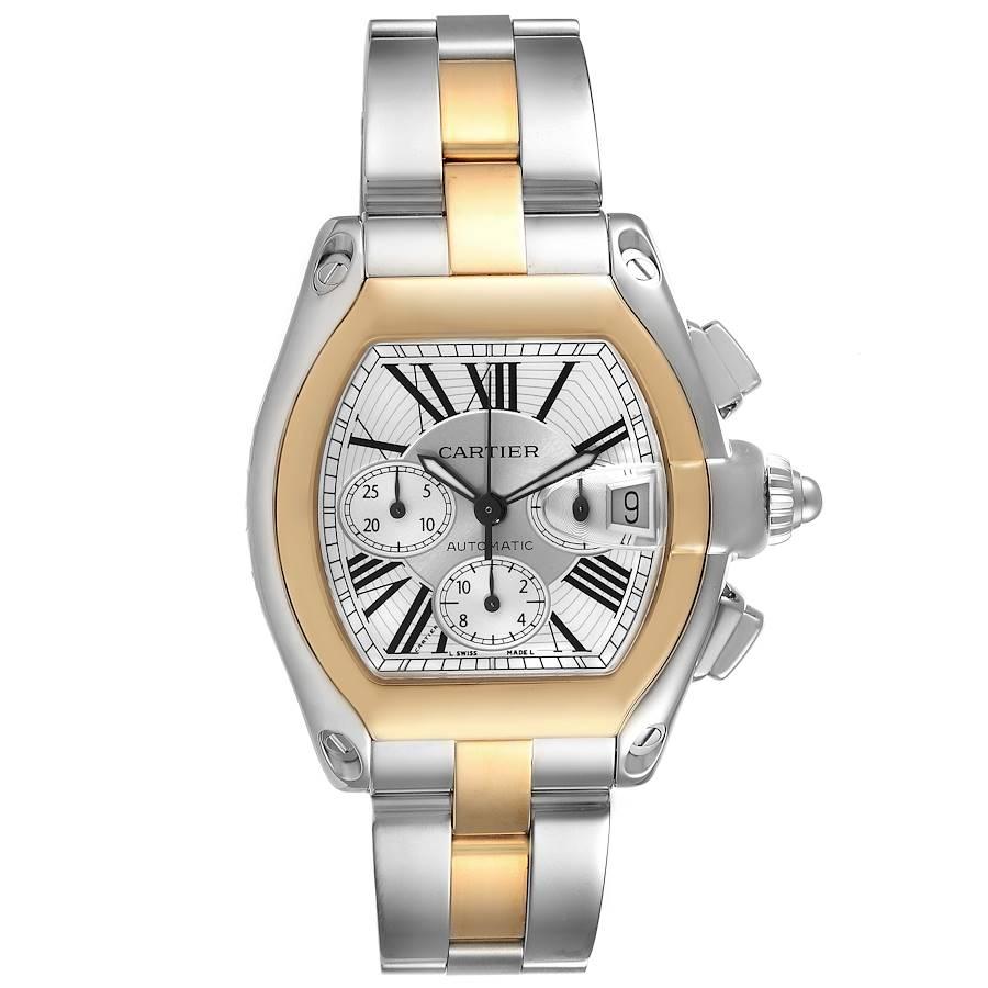 Cartier Roadster Chronograph Steel Yellow Gold Mens Watch W62027Z1 Box Papers. Automatic self-winding movement with chronograph function. Stainless steel and 18K yellow gold tonneau shaped case 48 x 43 mm. . Scratch resistant sapphire crystal with