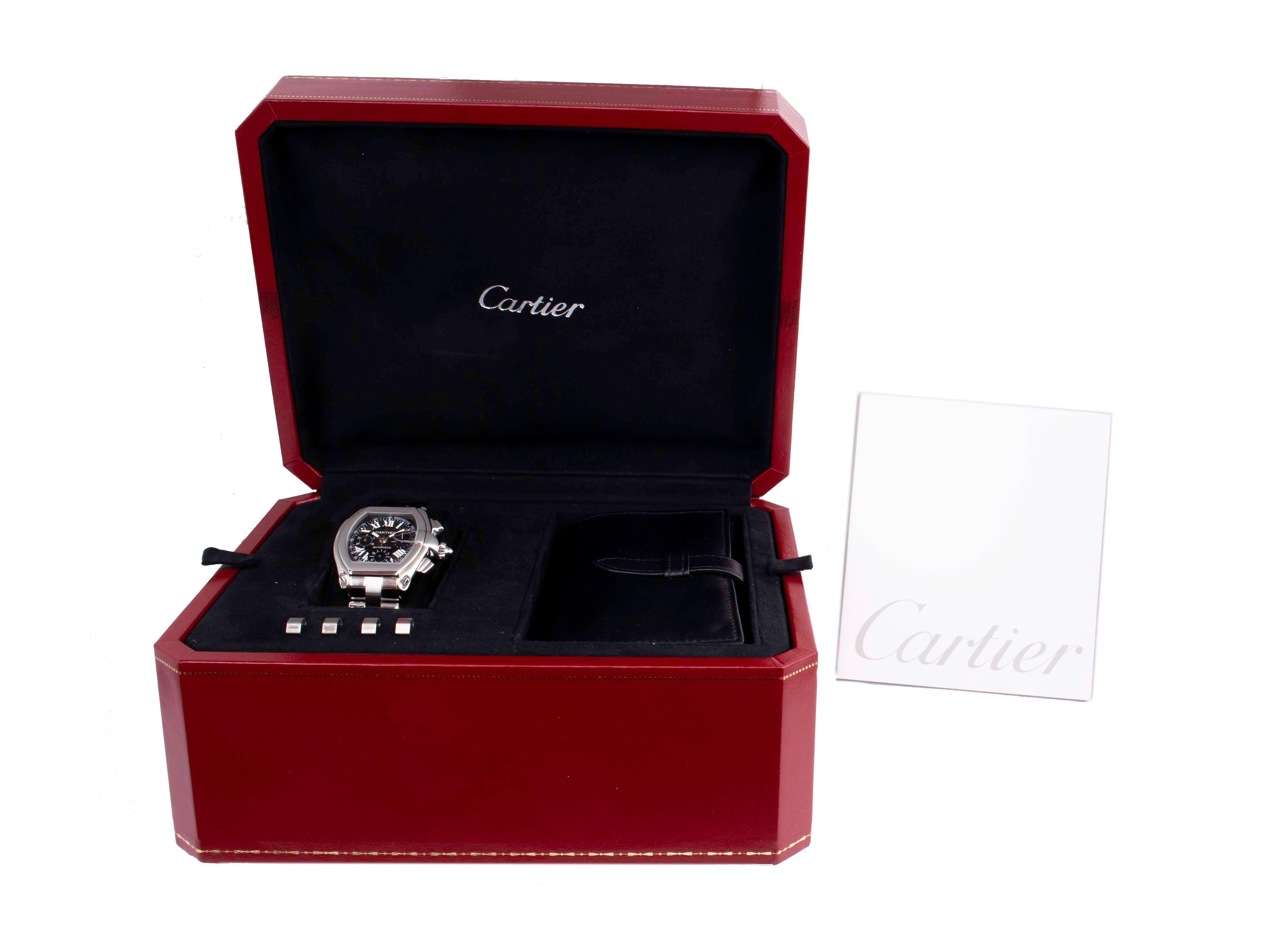 Stainless Steel Cartier Roadster Automatic Watch with a 43mm Case, Black Dial, and Bracelet with Folding Clasp. Features include Hours, Minutes, Seconds, Date, and Chronograph. Comes with Cartier Box & Manual and 2 Year Store