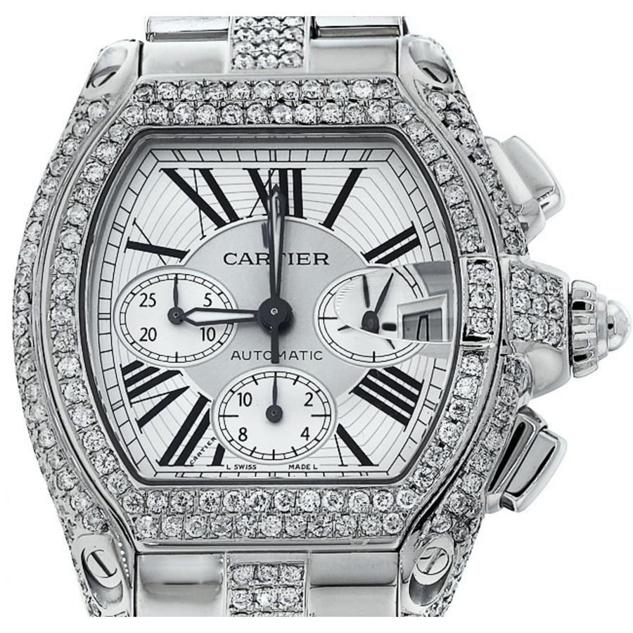 Diamond Cartier Roadster W62019X6 watch. 47.6mm x 42.8mm diamond stainless steel case, on diamond stainless steel bracelet.
