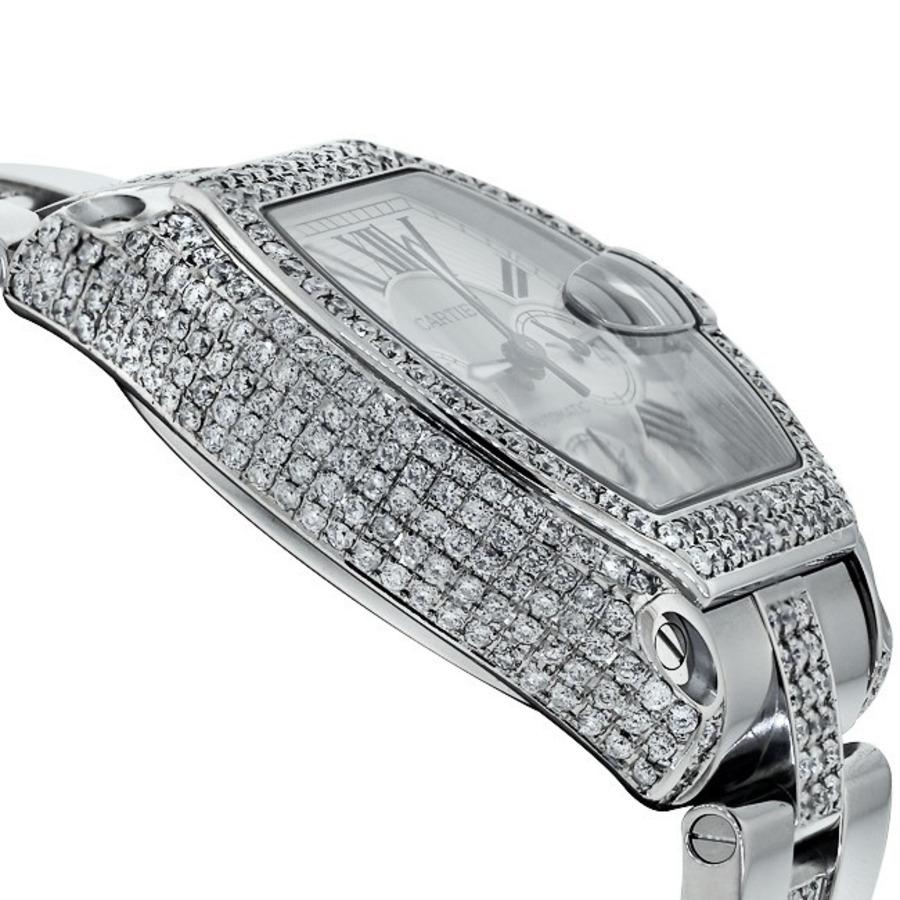 Taille ronde Cartier Montre Roadster Chronographe en acier avec cadran blanc et diamants sur mesure W62019X6 en vente