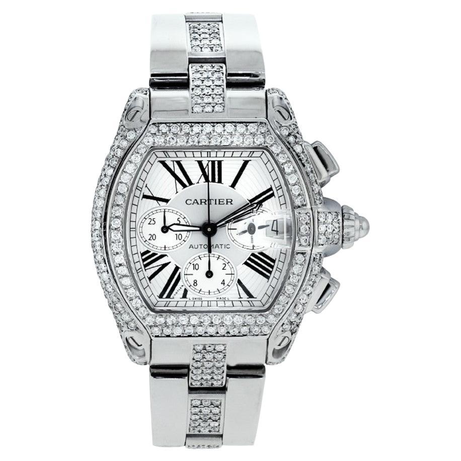 Cartier Roadster Chronograph White Dial Custom Diamond Steel Watch W62019X6 For Sale