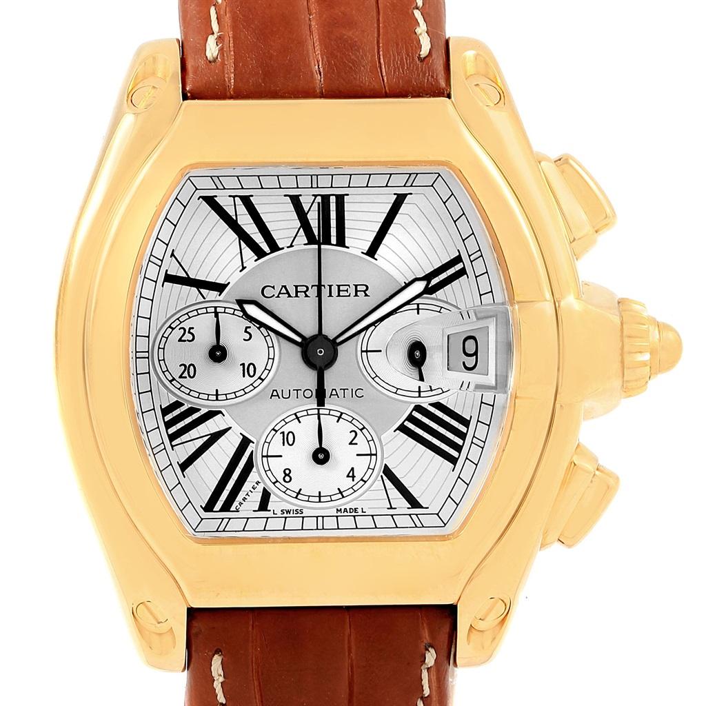 Cartier Roadster Chronograph XL 18K Yellow Gold Mens Watch W62021Y2. Automatic self-winding movement with chronograph function. 18K yellow gold tonneau shaped case 47 x 43 mm. 18k yellow gold fixed bezel. Scratch resistant sapphire crystal with