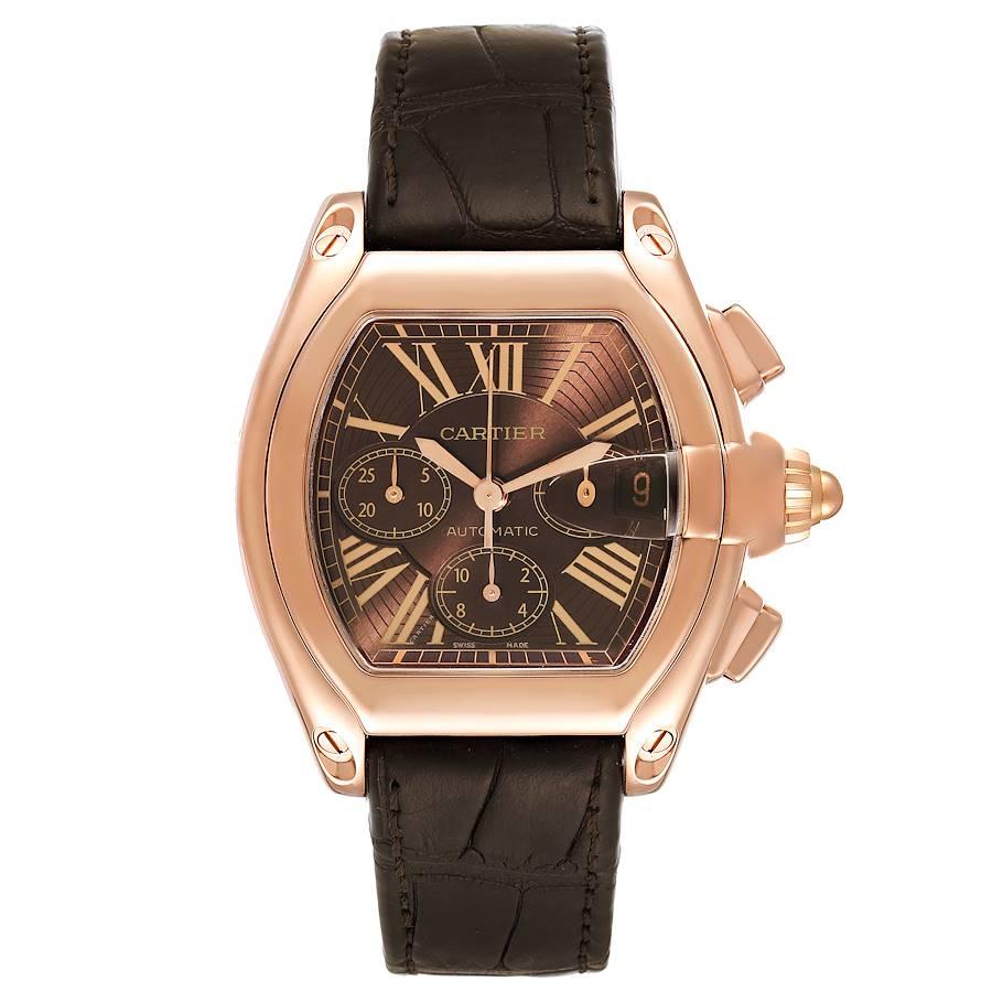 Cartier Roadster Chronograph XL 18K Rose Gold Mens Watch W62042Y5. Automatic self-winding movement with chronograph function. 18K rose gold tonneau shaped case 47 x 43 mm. . Scratch resistant sapphire crystal with cyclops magnifying glass. Chocolate