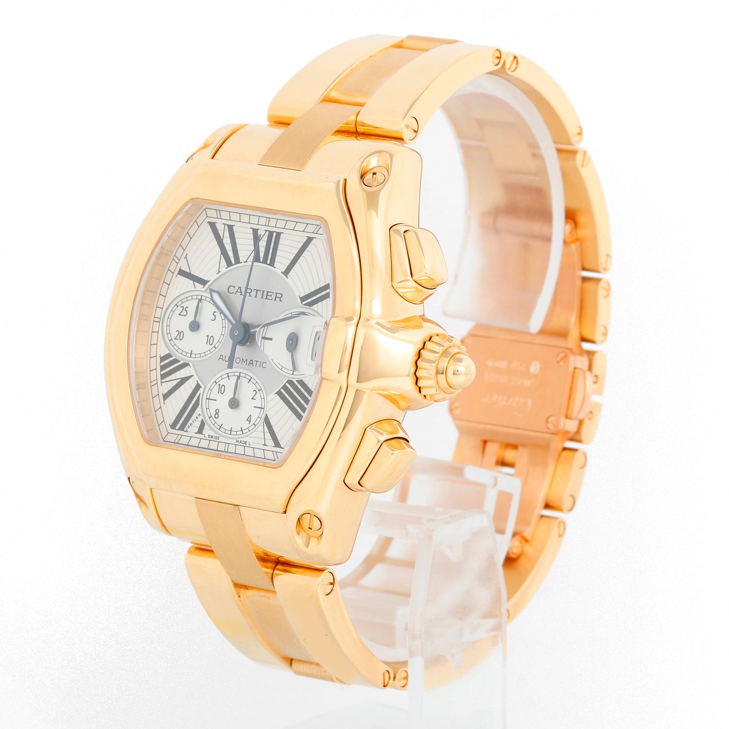Cartier Roadster Chronograph XL 18k Yellow Gold Men's Watch 2619 W62021Y2  - Automatic winding; chronograph with date. 18k yellow gold case (43 mm x 47mm). Silver Dial with subdials. 18K yellow gold Cartier Roadster bracelet. Pre-owned with Cartier