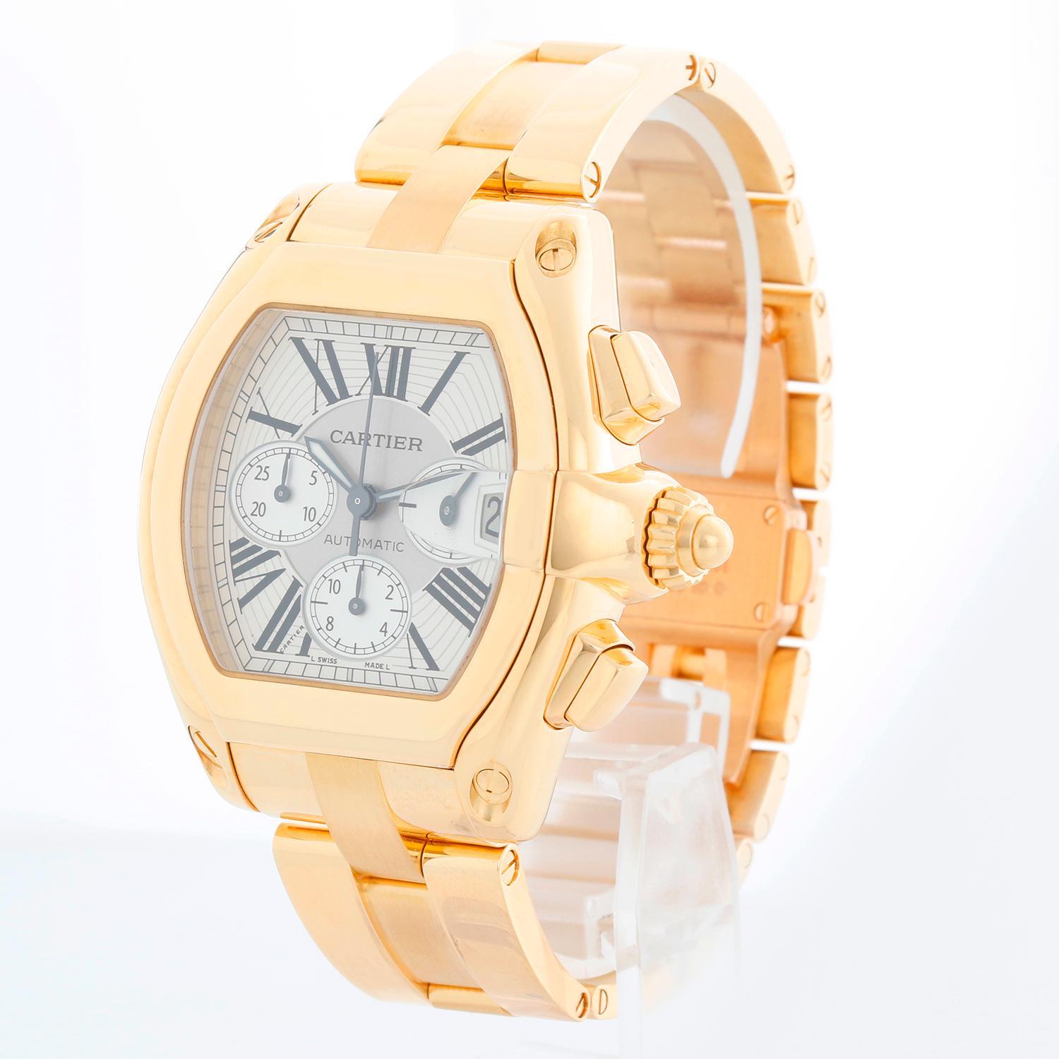 Cartier Roadster Chronograph XL 18k Yellow Gold Men's Watch 2619 W62021Y2 - Automatic winding; chronograph with date. 18k yellow gold case (43 mm x 47mm). Silver Dial with subdials. 18K yellow gold Cartier Roadster bracelet; will fit up to a 7.5