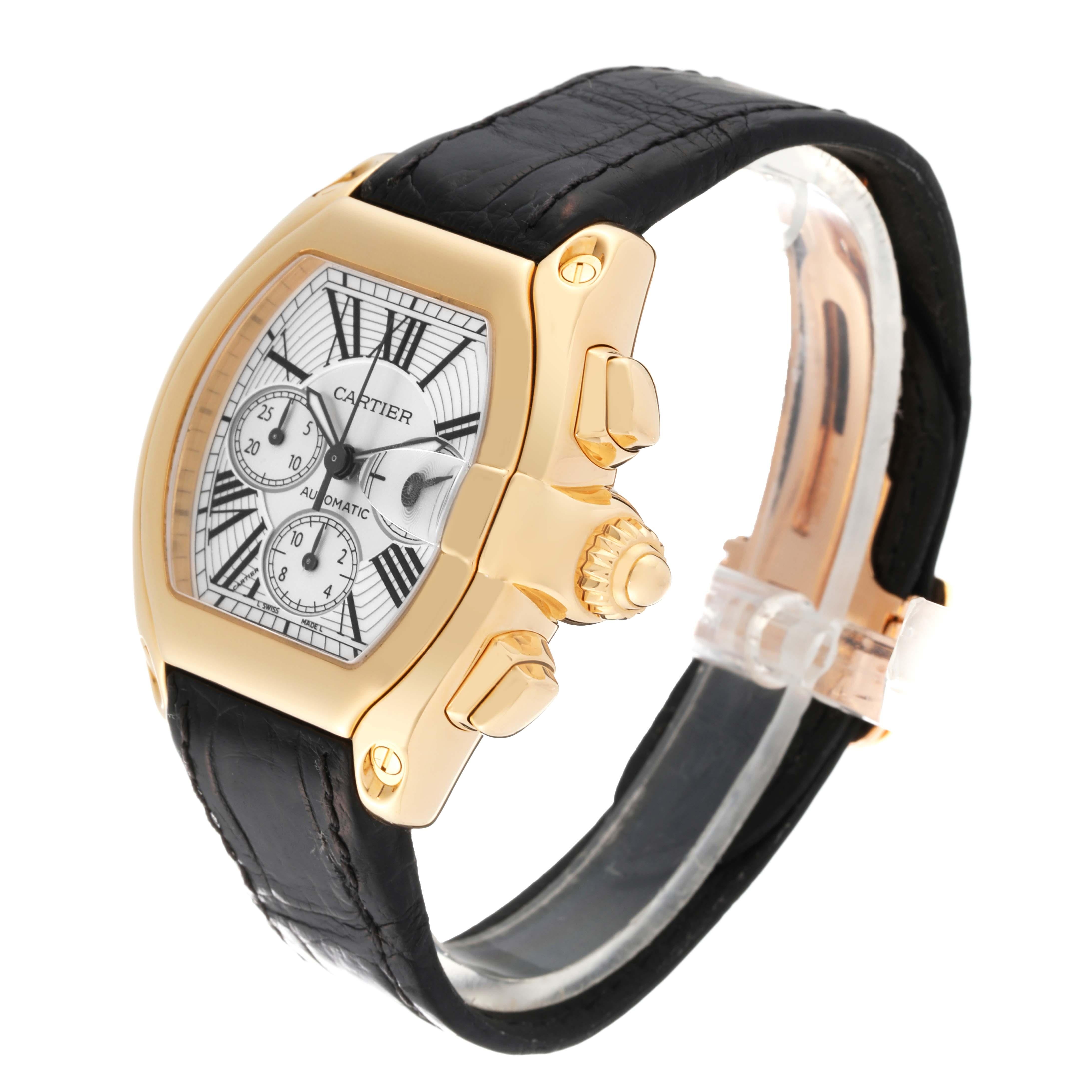 Cartier Roadster Chronograph Yellow Gold Black Strap Mens Watch W62021Y3. Automatic self-winding movement with chronograph function. 18K yellow gold tonneau case, 47 x 43 mm. . Scratch resistant sapphire crystal with cyclops magnifier. Silver sunray