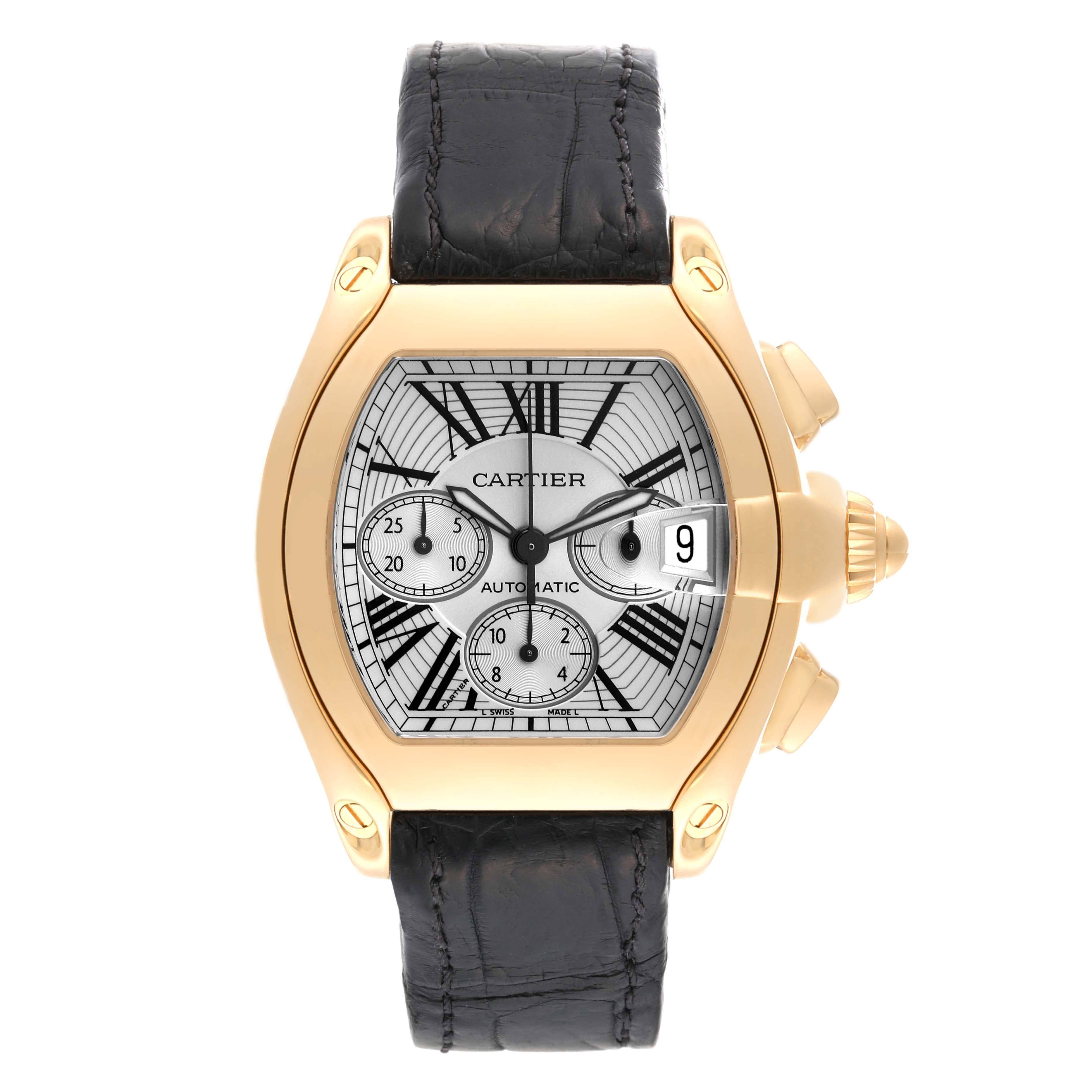 Cartier Roadster Chronograph Yellow Gold Black Strap Mens Watch W62021Y3 In Excellent Condition For Sale In Atlanta, GA