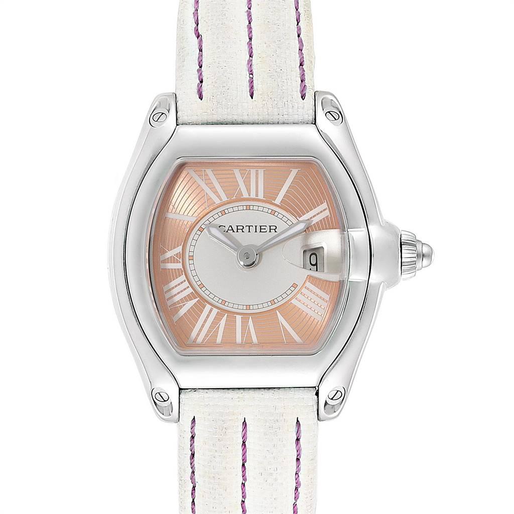 Cartier Roadster Coral Dial Limited Edition Steel Ladies Watch W62054V3. Swiss quartz movement calibre 688. Stainless steel tonneau shaped case 36 x 30 mm. Stainless steel bezel. Scratch resistant sapphire crystal with cyclops magnifying glass.