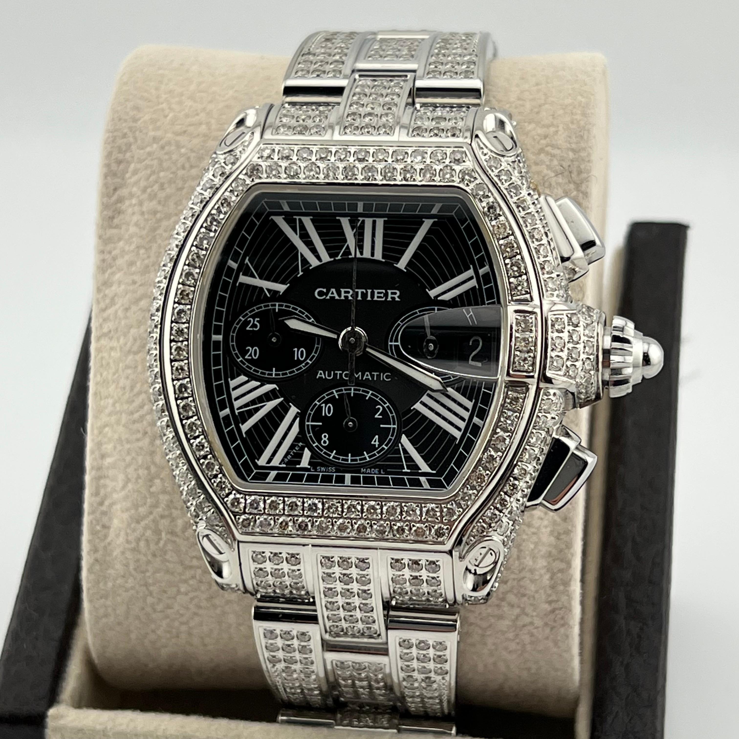 Style Number: Ref 2618



Year: 2000 - 2010

 

Model: Cartier Roadster Chronograph XL

 

Case Material: Stainless Steel

 

Band: Custom Diamond Band

 

Bezel: Custom Diamond Bezel

 

Dial: Black

 

Face: Sapphire Crystal

 

Case Size: 47 x 43
