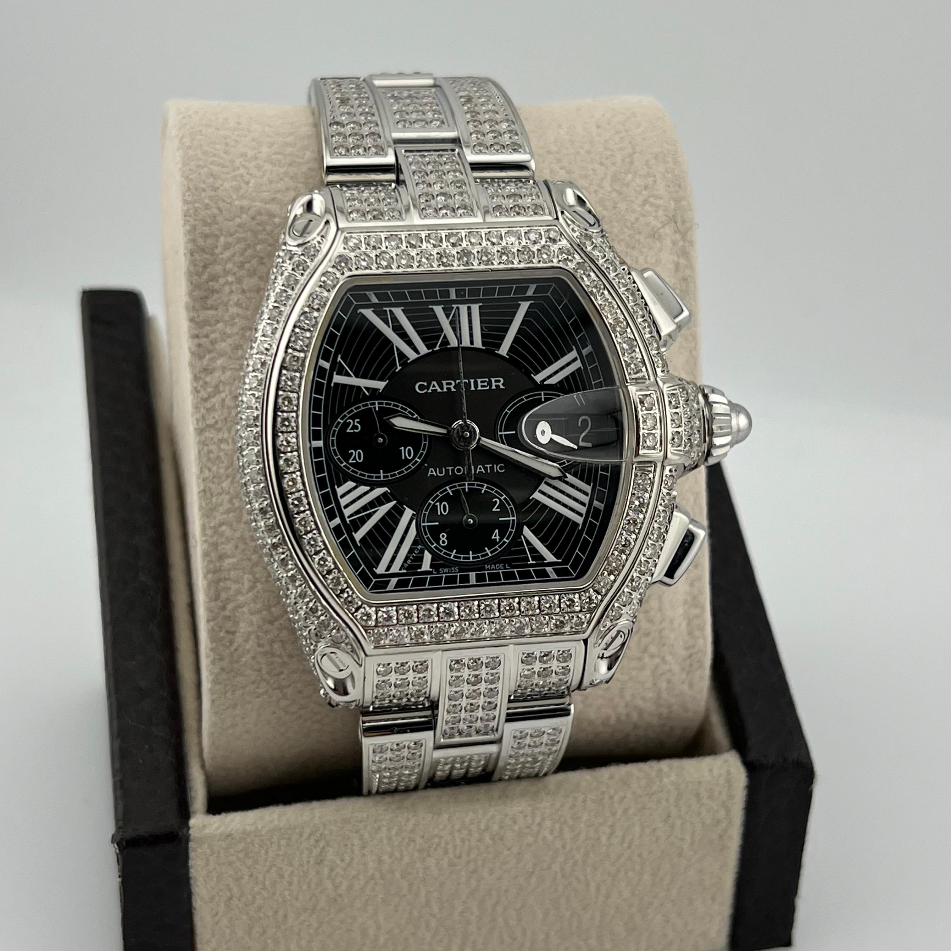 Cartier Roadster Diamond Bezel Band Ref 2618 Chronograph XL Stainless Box In Excellent Condition For Sale In San Diego, CA
