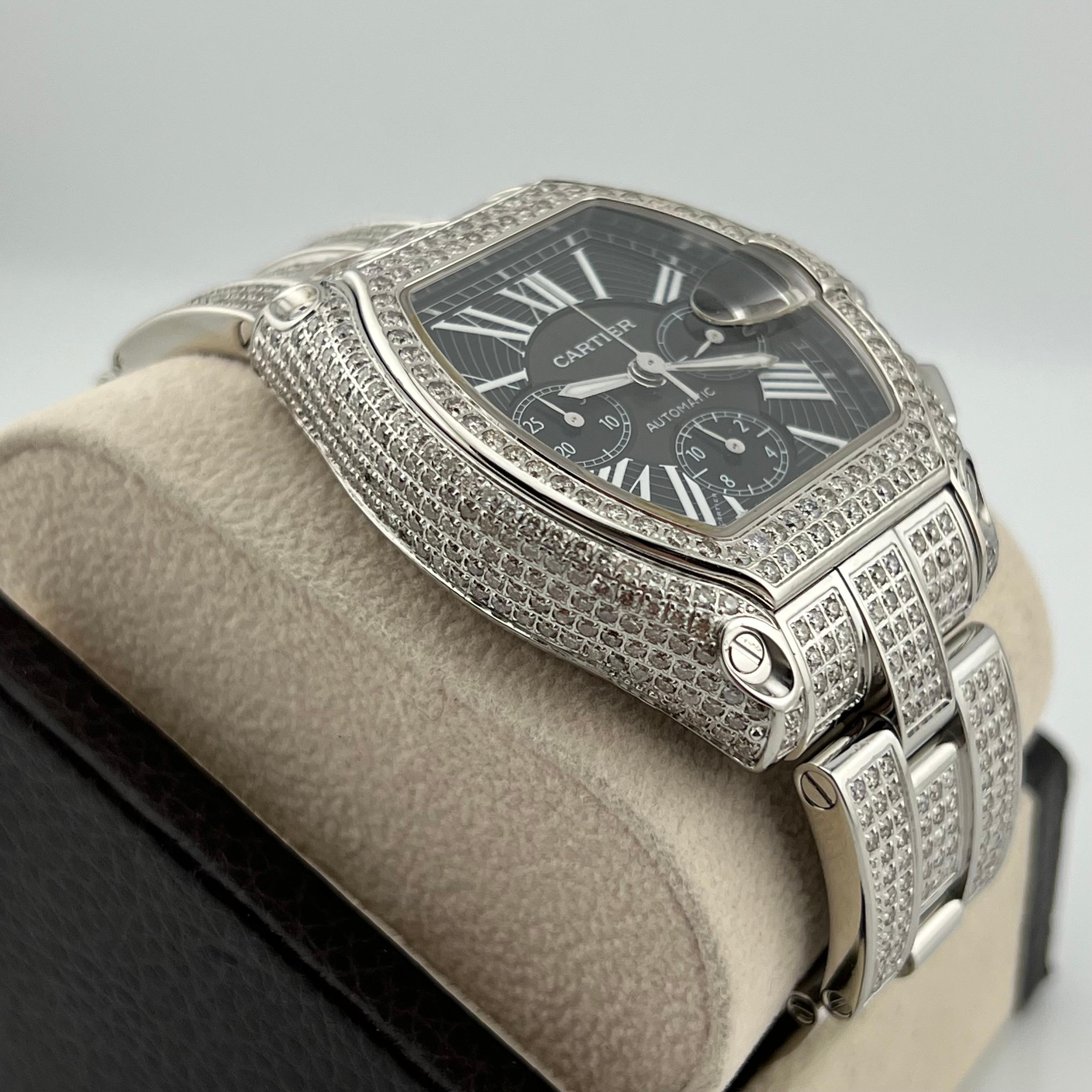 Cartier Roadster Diamond Bezel Band Ref 2618 Chronograph XL Stainless Box For Sale 1