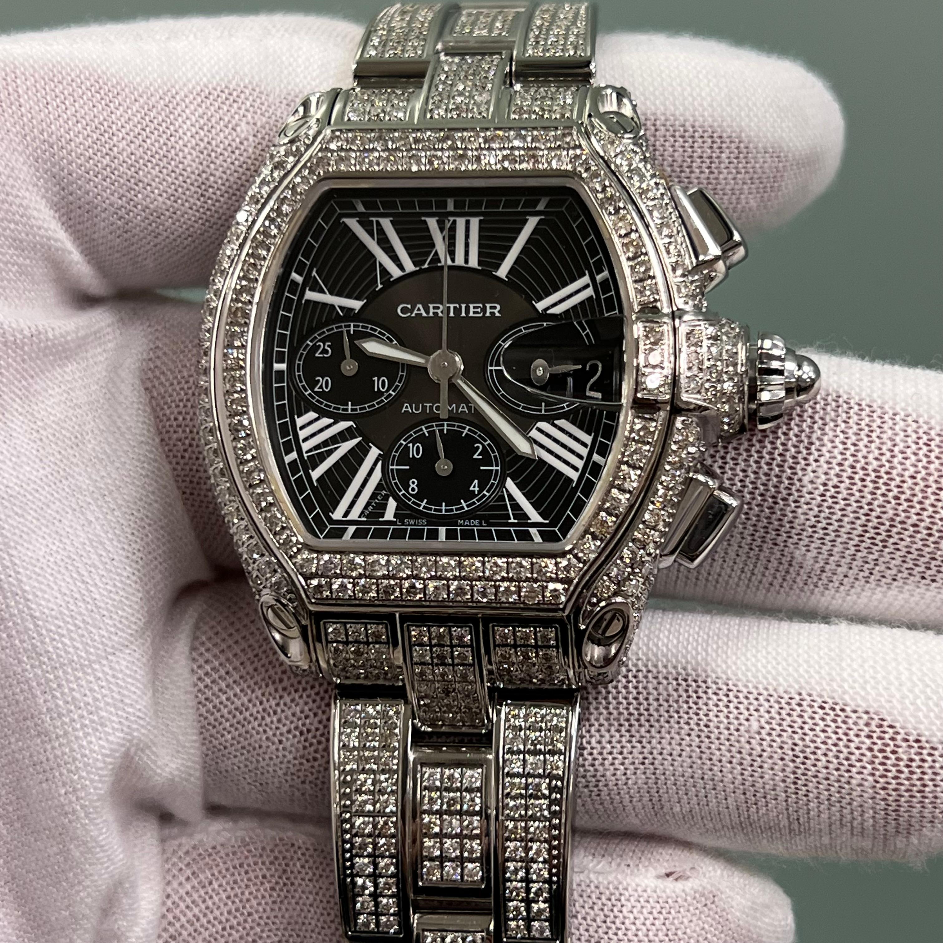 Cartier Roadster Diamond Bezel Band Ref 2618 Chronograph XL Stainless Box For Sale 5