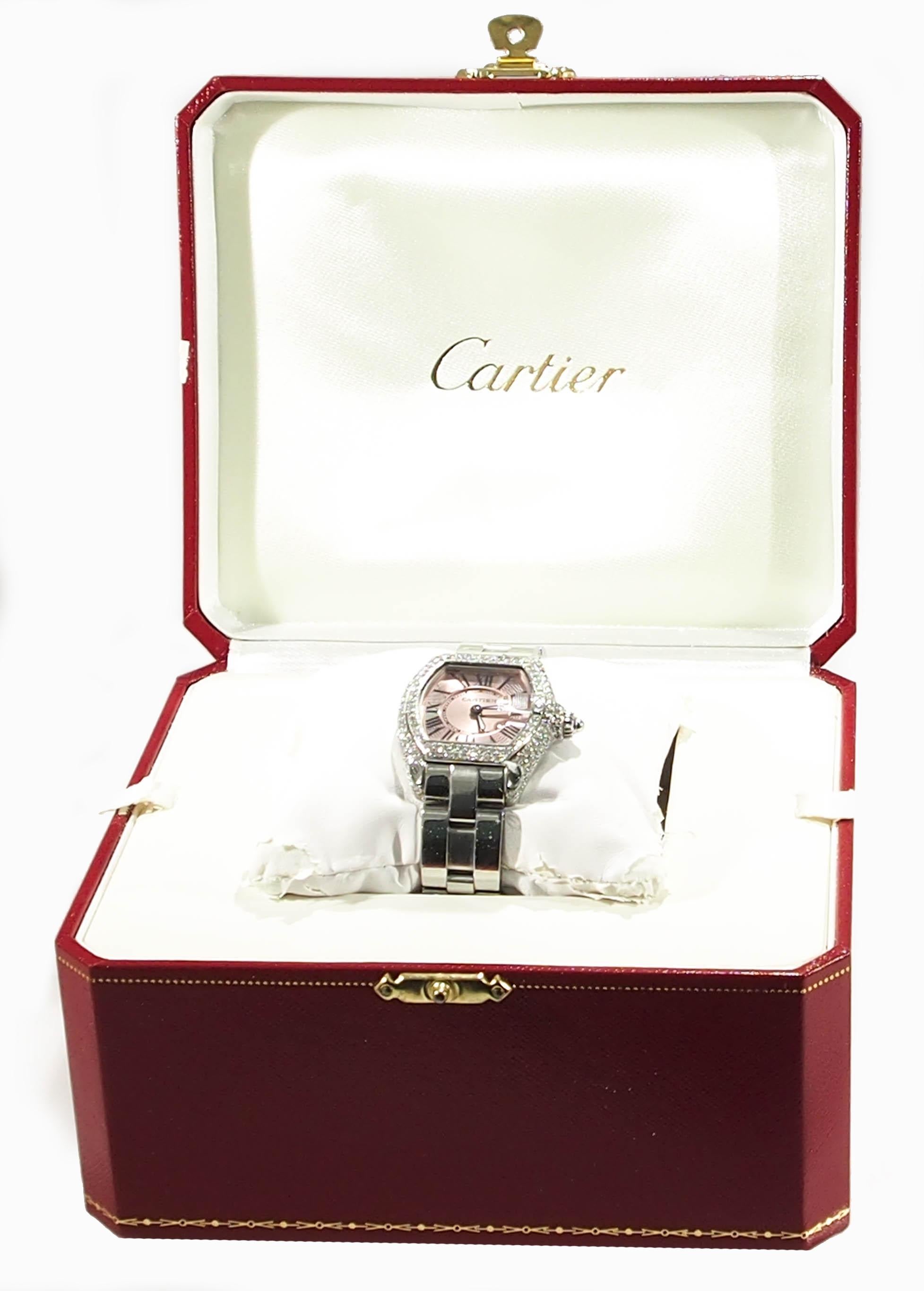 Modern Cartier Roadster Diamond Watch Stainless Steel Pink Face