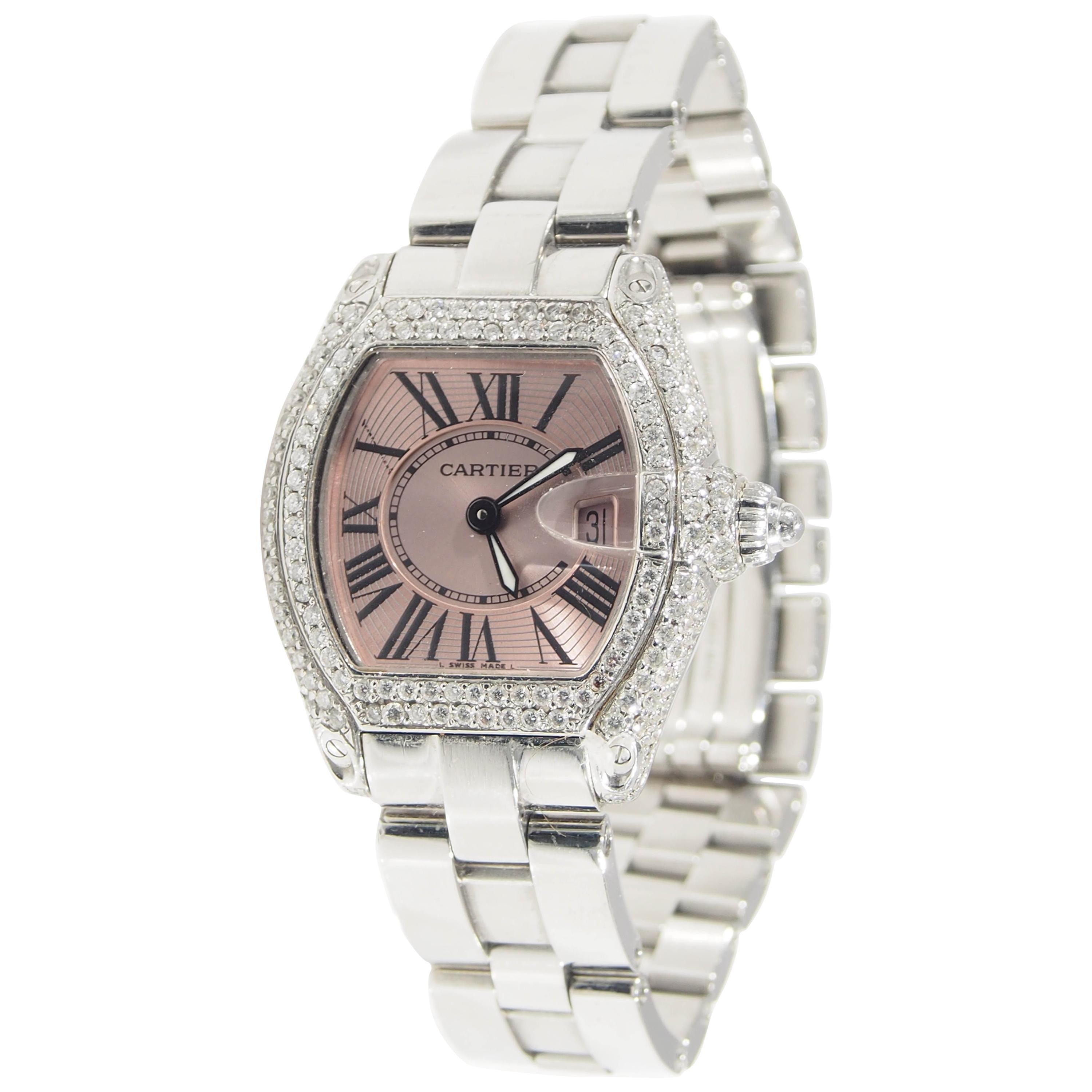 Cartier Roadster Diamond Watch Stainless Steel Pink Face