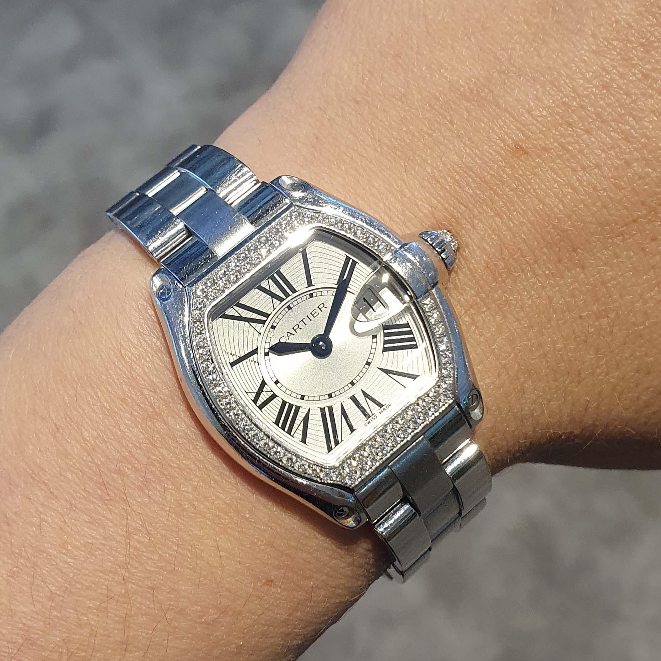Round Cut Cartier Roadster Diamond White Gold 18K Wristwatch For Sale