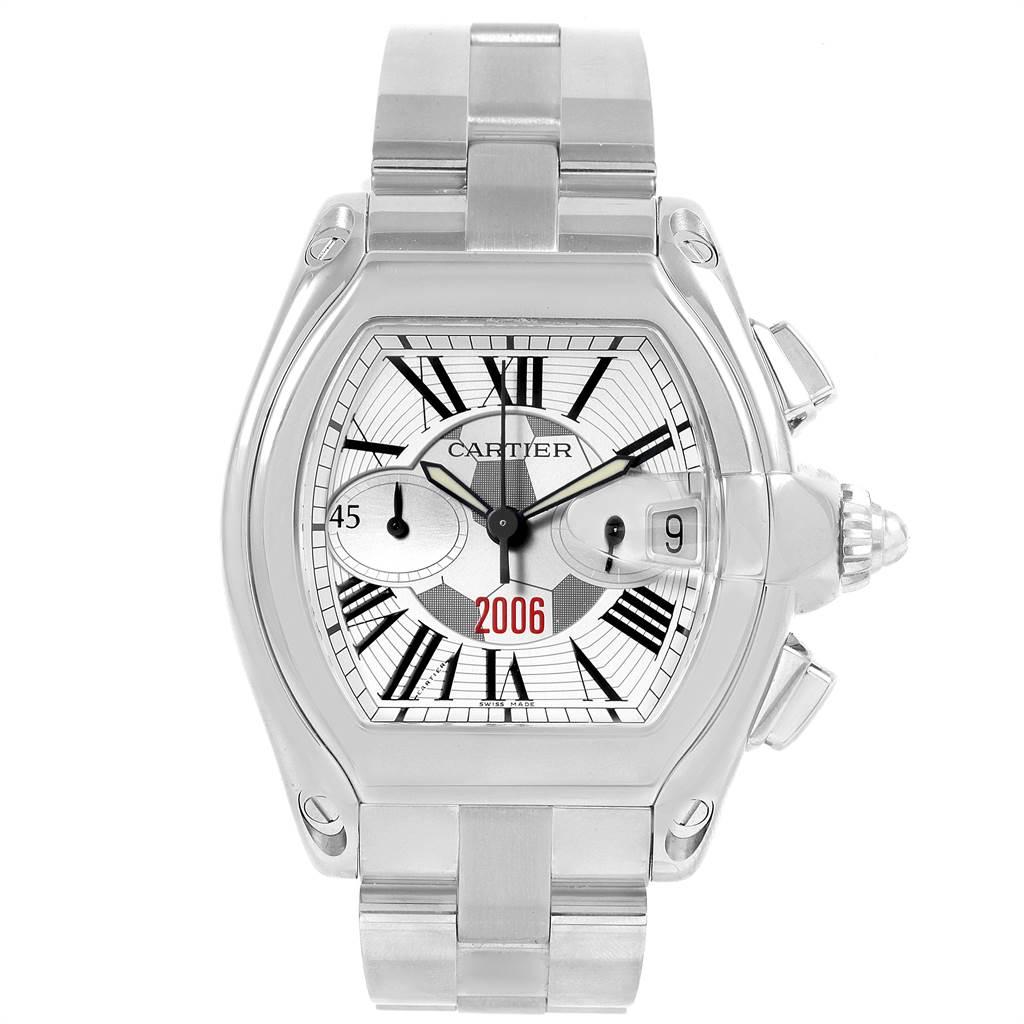 Cartier Roadster FIFA World Cup Germany 2006 Limited 150 Watch W62044X6. Automatic self-winding movement with chronograph function. Stainless steel tonneau shaped case 49 x 43mm. Scratch resistant sapphire crystal with cyclops magnifying glass.