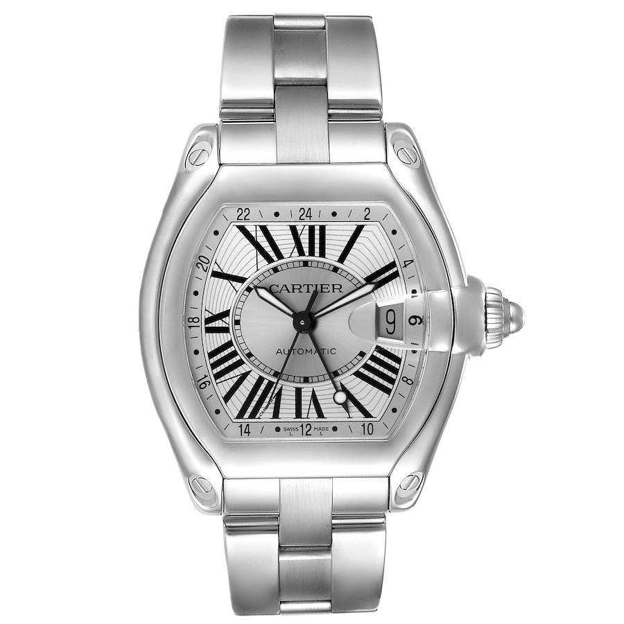 Cartier Roadster GMT Silver Dial Stainless Steel Mens Watch W62032X6. Automatic self-winding movement. Stainless steel tonneau shaped case 48 x 43 mm. . Scratch resistant sapphire crystal with cyclops magnifying glass. Silver sunray effect dial with