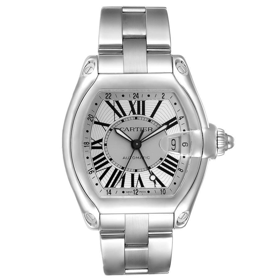 Cartier Roadster GMT Silver Dial Stainless Steel Mens Watch W62032X6. Automatic self-winding movement. Stainless steel tonneau shaped case 48 x 43 mm. . Scratch resistant sapphire crystal with cyclops magnifier. Silver sunray effect dial with black