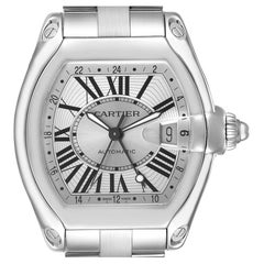 Cartier Roadster GMT Silver Dial Steel Mens Watch W62032X6 Box Papers