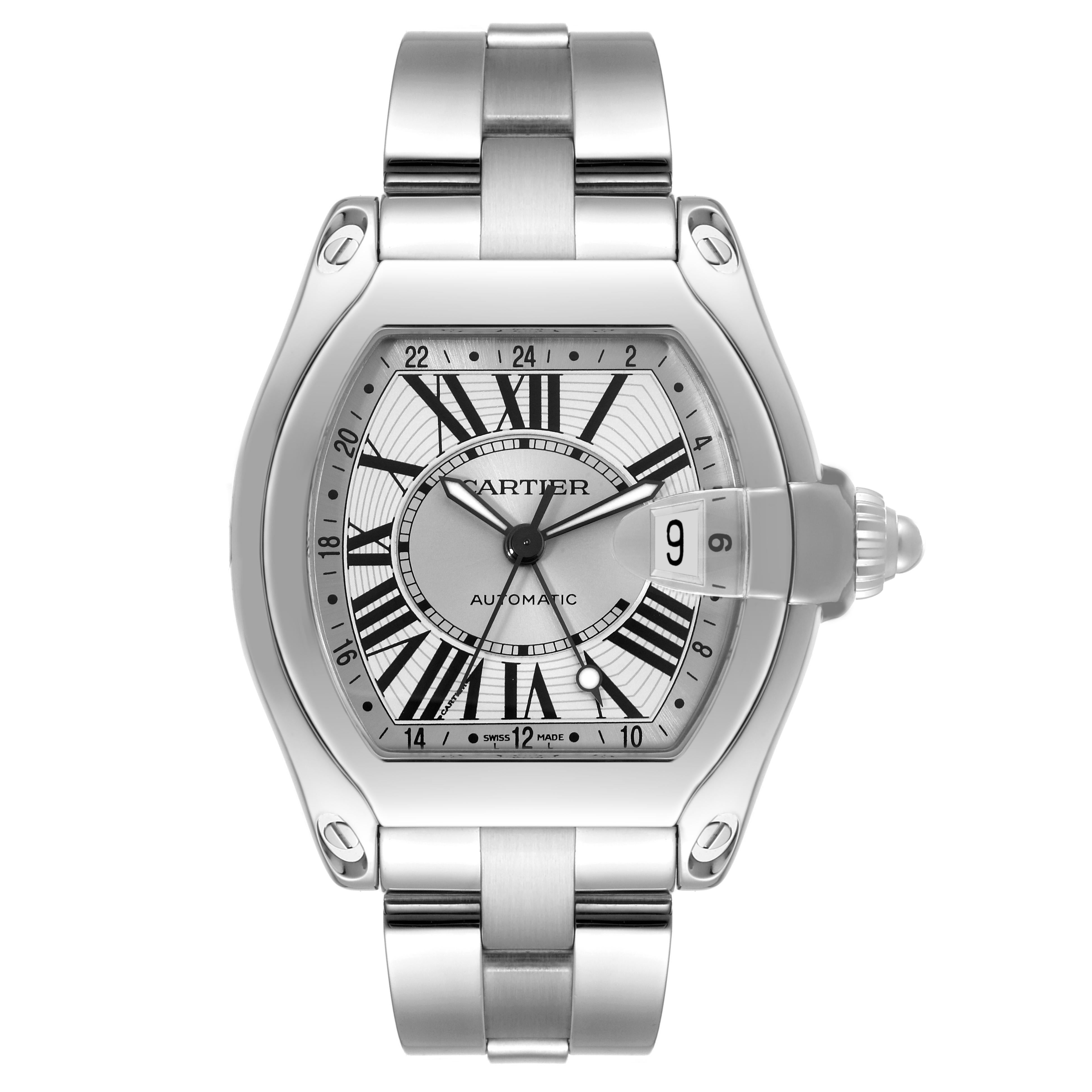 Cartier Roadster GMT Silver Dial Steel Mens Watch W62032X6. Automatic self-winding movement. Stainless steel tonneau shaped case 48 x 43 mm. . Scratch resistant sapphire crystal with cyclops magnifier. Silver sunray effect dial with black Roman