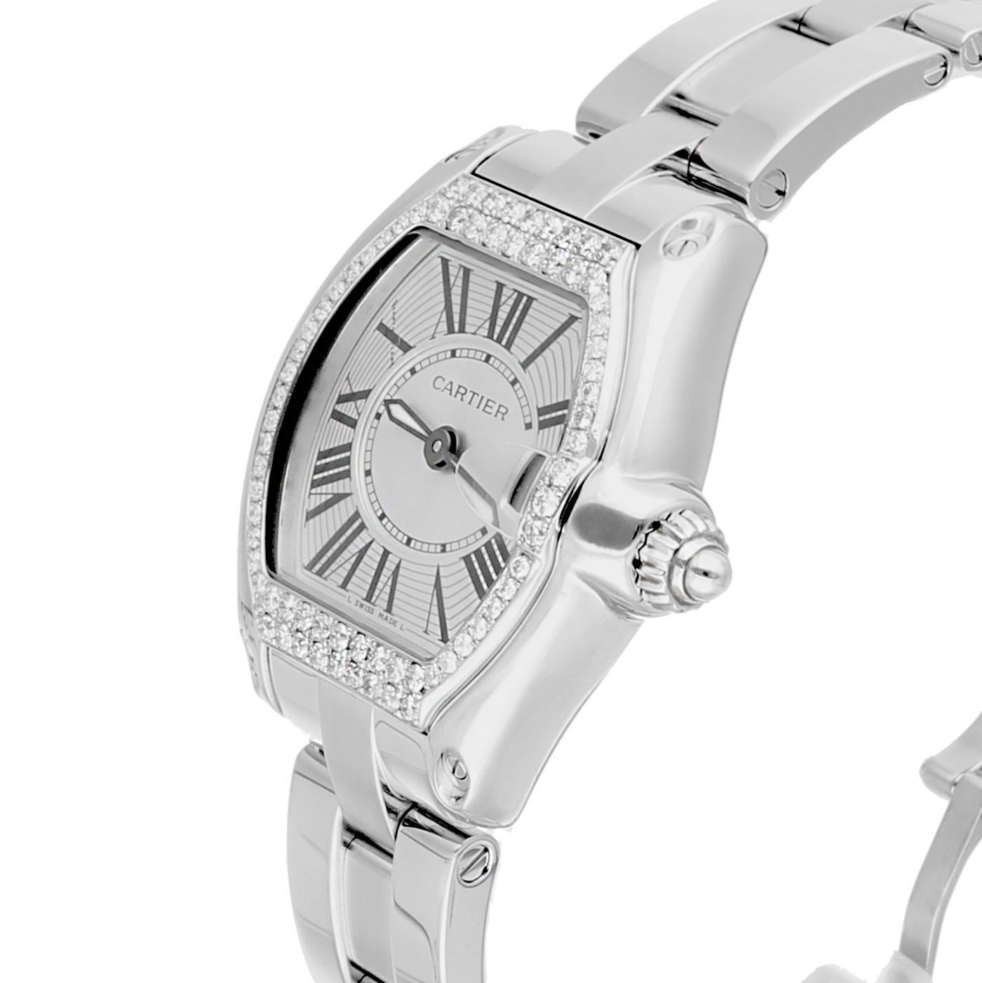 Cartier Roadster Damen Silber Zifferblatt Edelstahl Uhr Diamant Lünette W62016V3 im Zustand „Hervorragend“ im Angebot in New York, NY