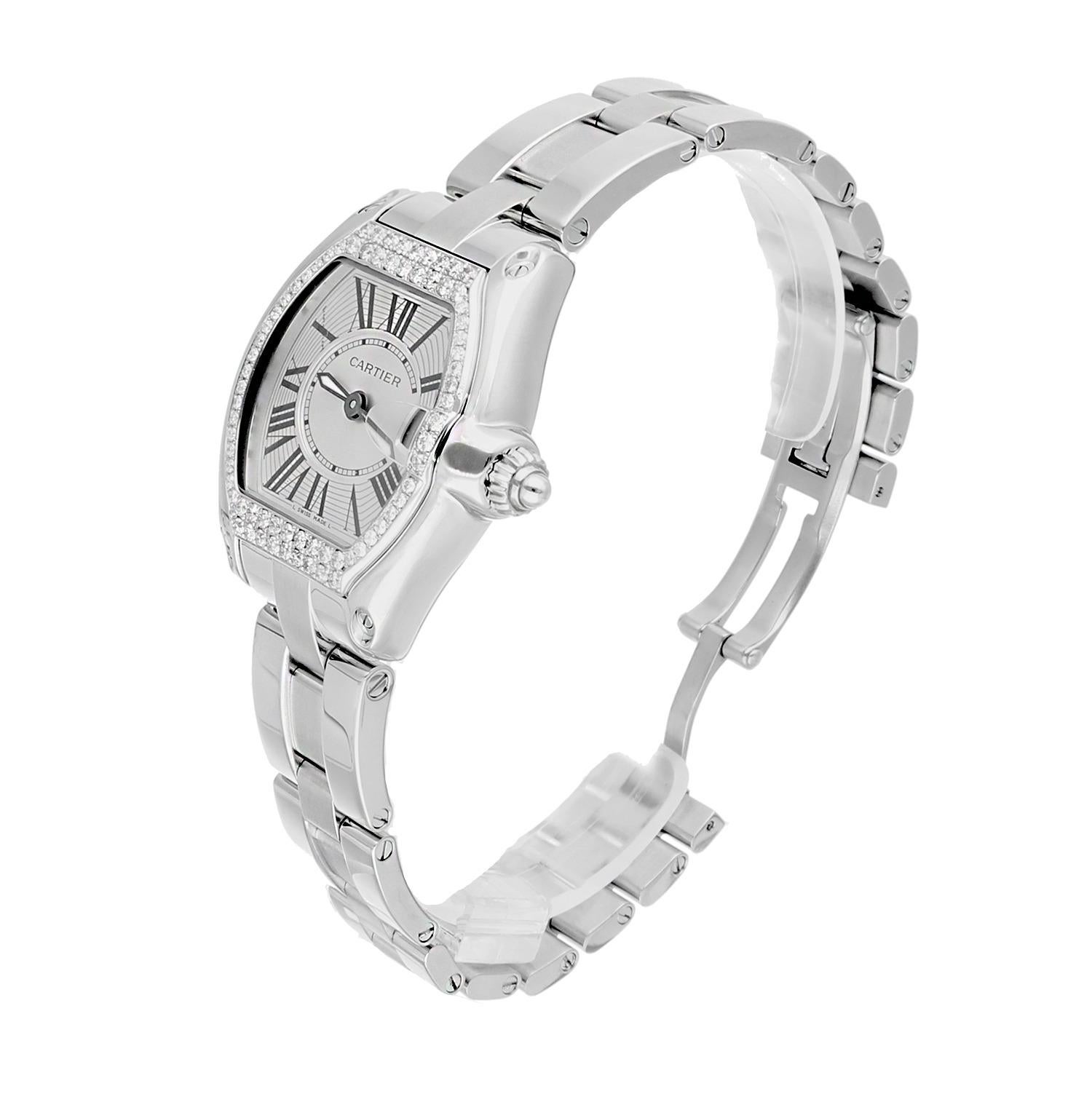 Cartier Roadster Damen Silber Zifferblatt Edelstahl Uhr Diamant Lünette W62016V3 im Angebot 1