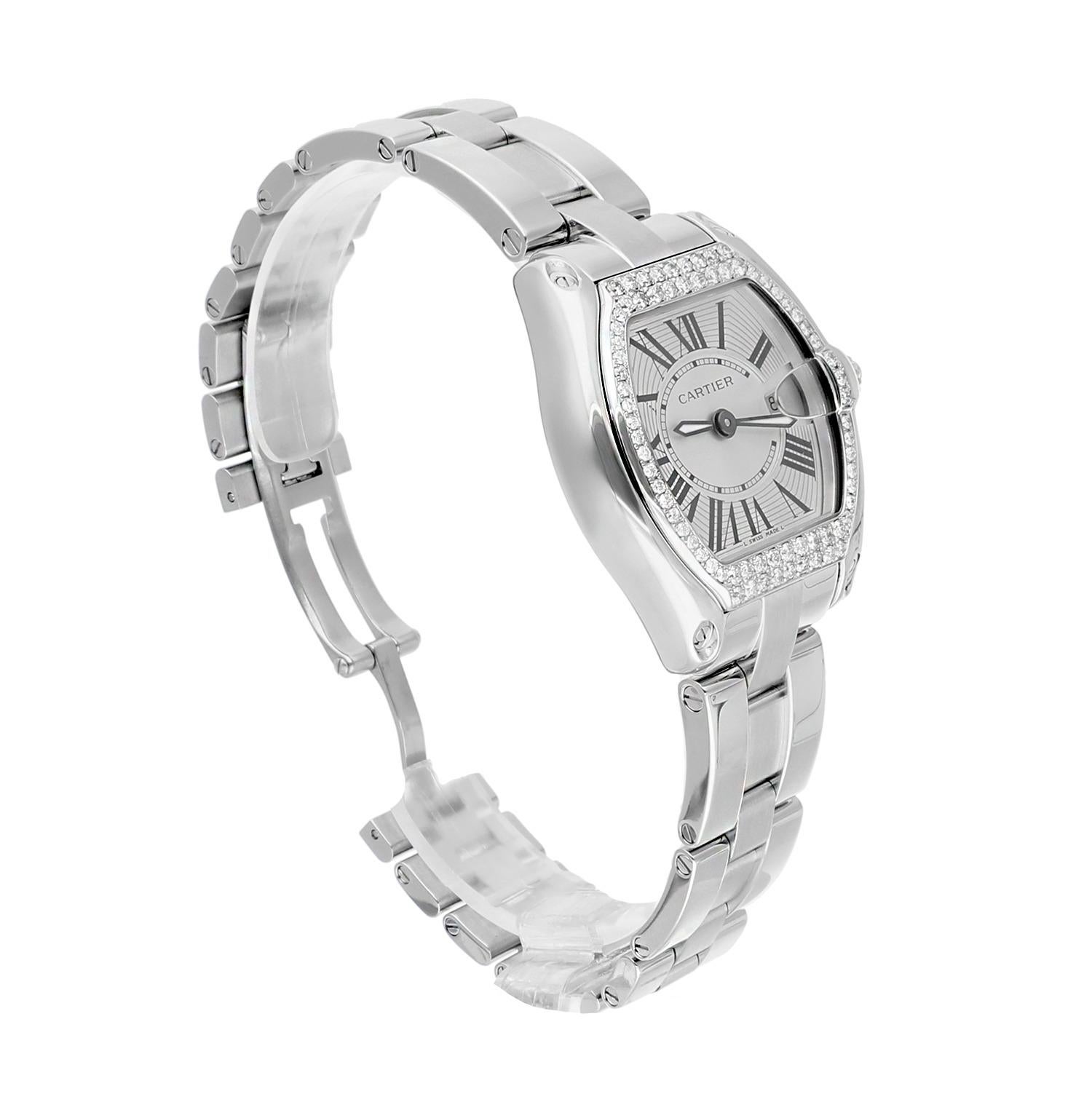 Cartier Roadster Ladies Silver Dial Stainless Steel Watch Diamond Bezel W62016V3 In Excellent Condition For Sale In New York, NY