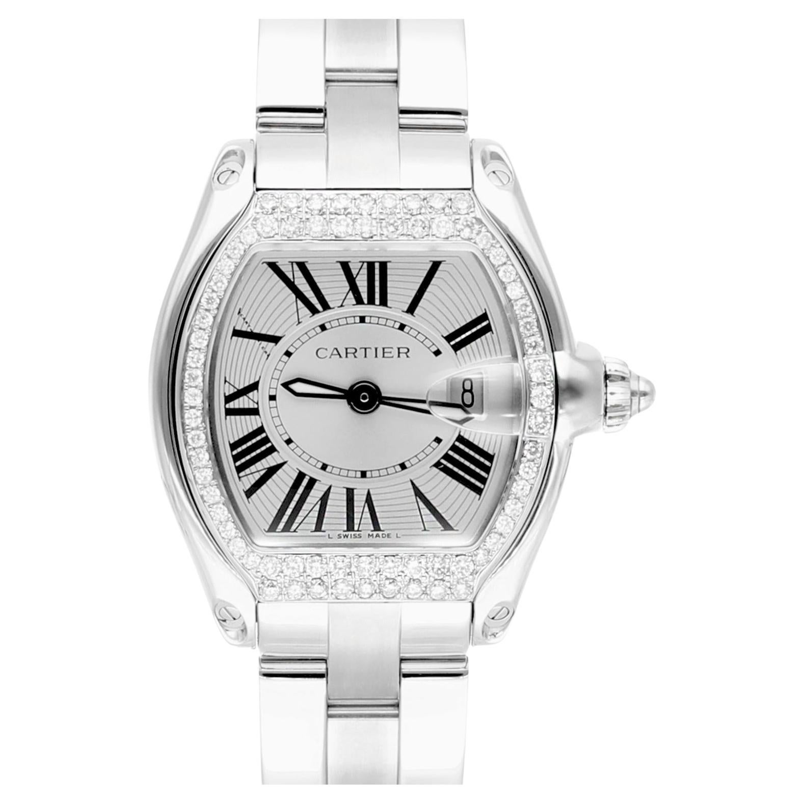 Cartier Roadster Ladies Silver Dial Stainless Steel Watch Diamond Bezel W62016V3 For Sale