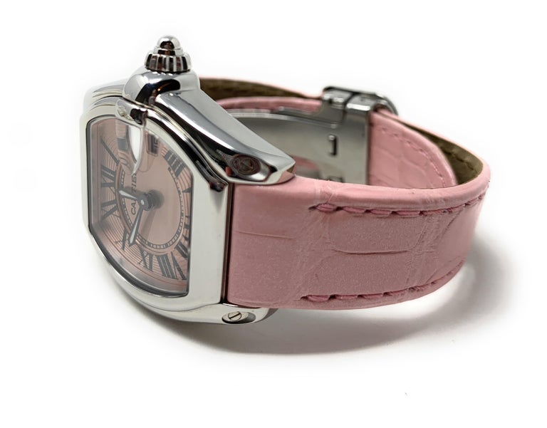 Cartier Roadster Ladies Stainless Steel Pink Dial Pink Alligator Strap