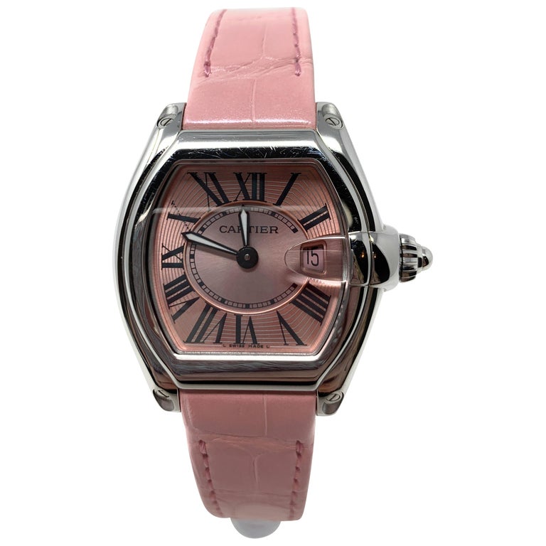 Cartier Roadster Ladies Stainless Steel Pink Dial Pink Alligator Strap