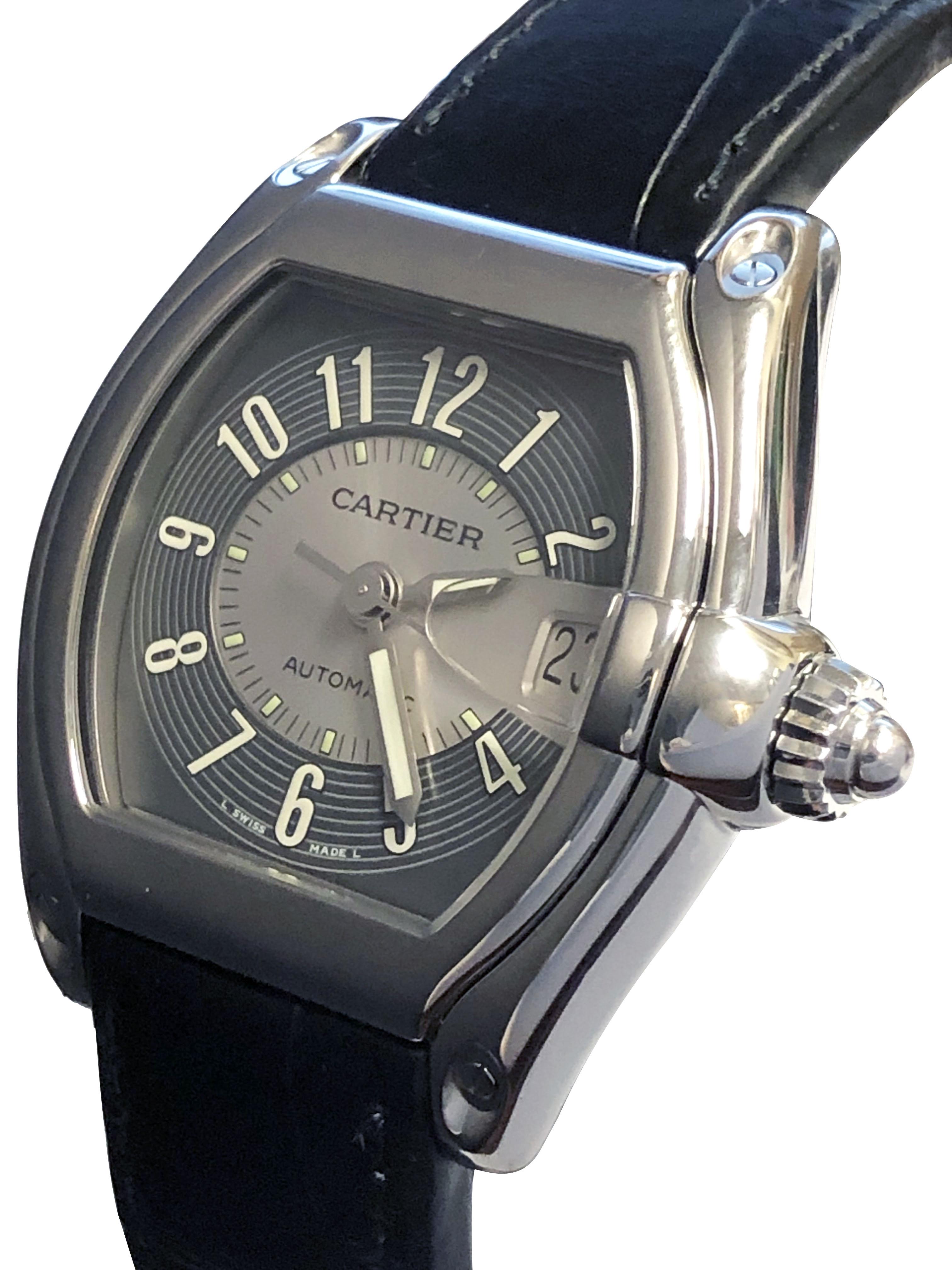 Circa 2010 Cartier Roadster Reference 2510 Wrist Watch, 44 x 39 M.M. Stainless Steel 2 piece Water Resistant case. Automatic, Self winding movement, Sapphire Glass Crystal 2 tone Silver and Gray dial with sweep seconds hand and a Calendar window at