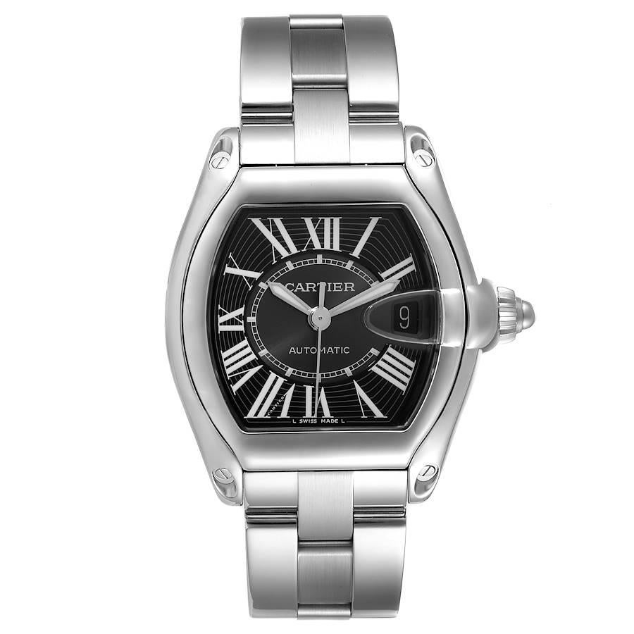 Cartier Roadster Large Black Dial Steel Mens Watch W62041V3. Automatic self-winding movement. Stainless steel tonneau shaped case 38 x 43mm. . Scratch resistant sapphire crystal with cyclops magnifying glass. Black sunray effect dial with white