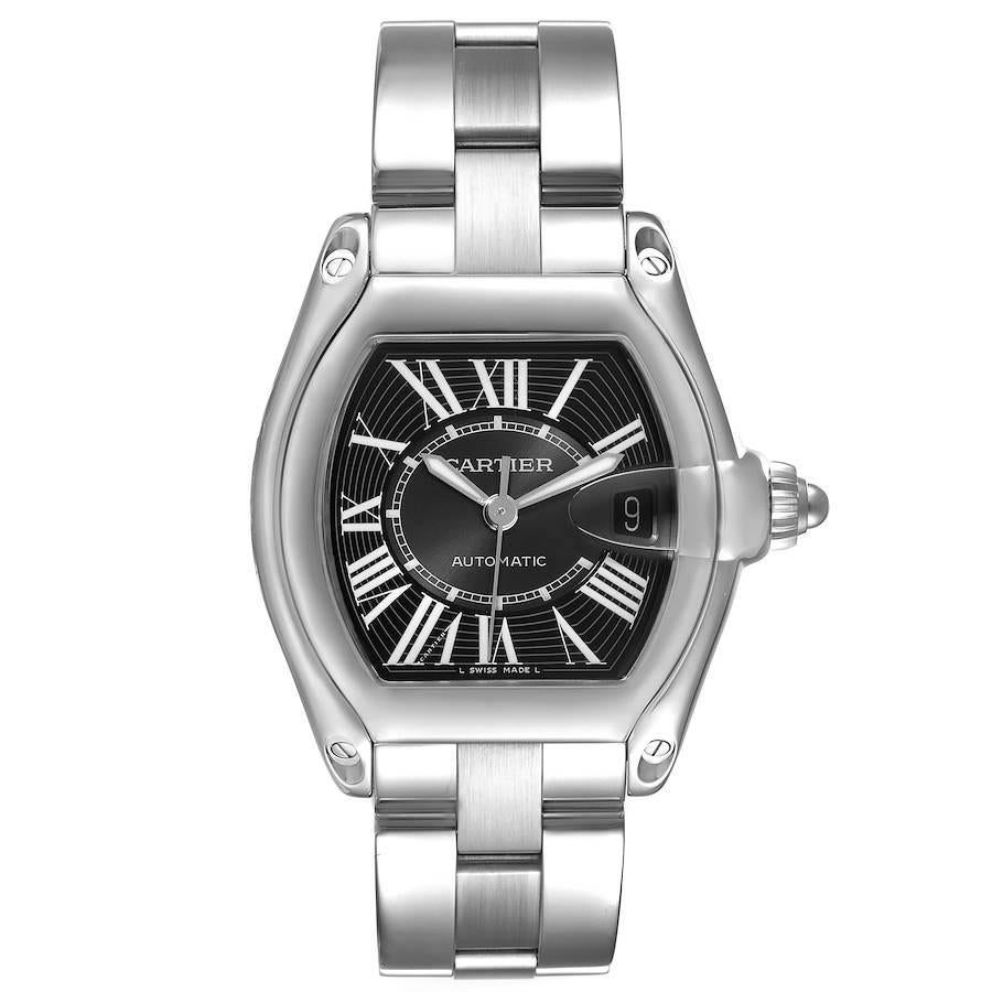 Cartier Roadster Large Black Dial Steel Mens Watch W62041V3. Automatic self-winding movement. Stainless steel tonneau shaped case 38 x 43mm. . Scratch resistant sapphire crystal with cyclops magnifying glass. Black sunray effect dial with white