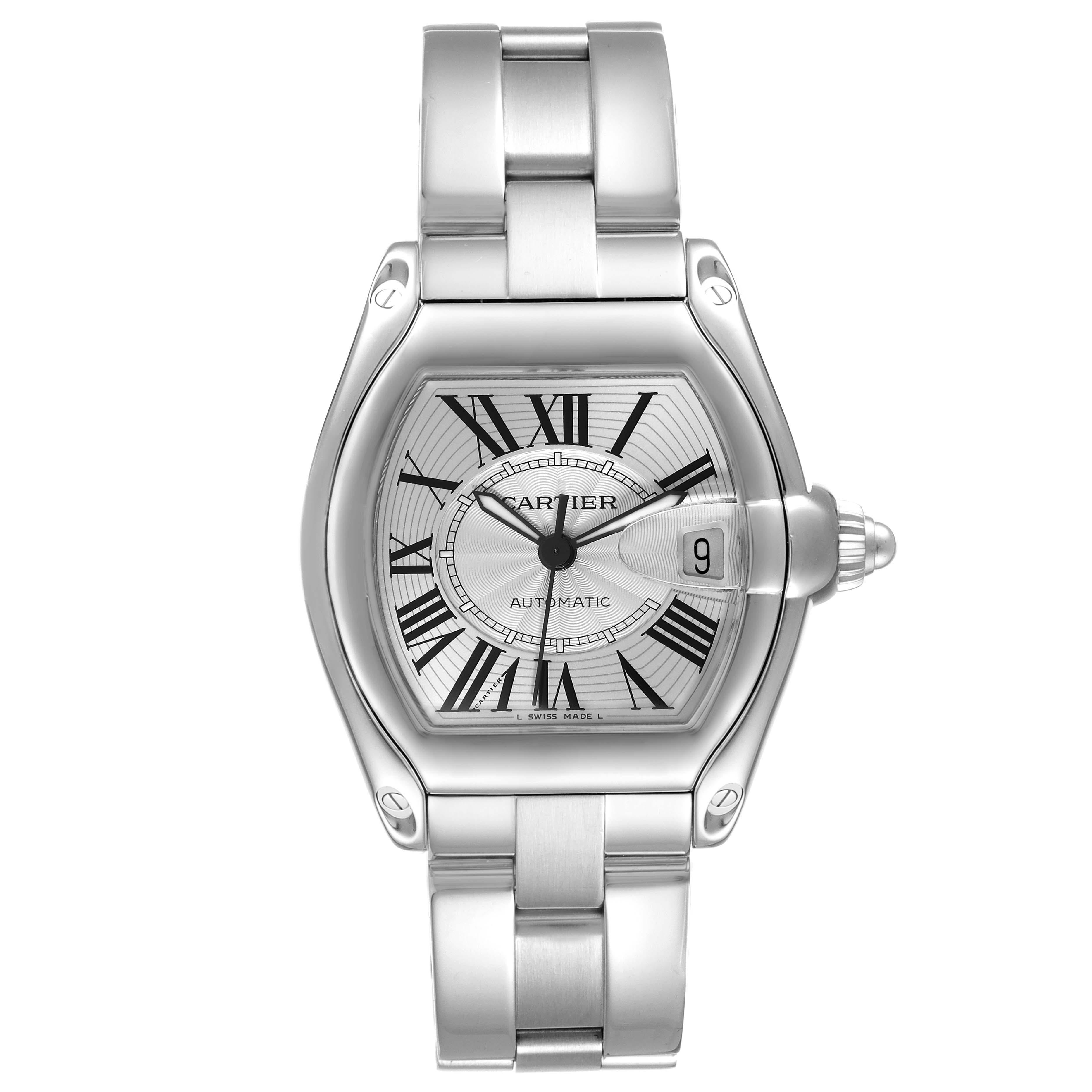 Cartier Roadster Large Silver Dial Steel Mens Watch W62025V3 Box Papers. Automatic self-winding movement. Stainless steel tonneau shaped case 38 x 43 mm. . Scratch resistant sapphire crystal with cyclops magnifying glass. Silver dial with black