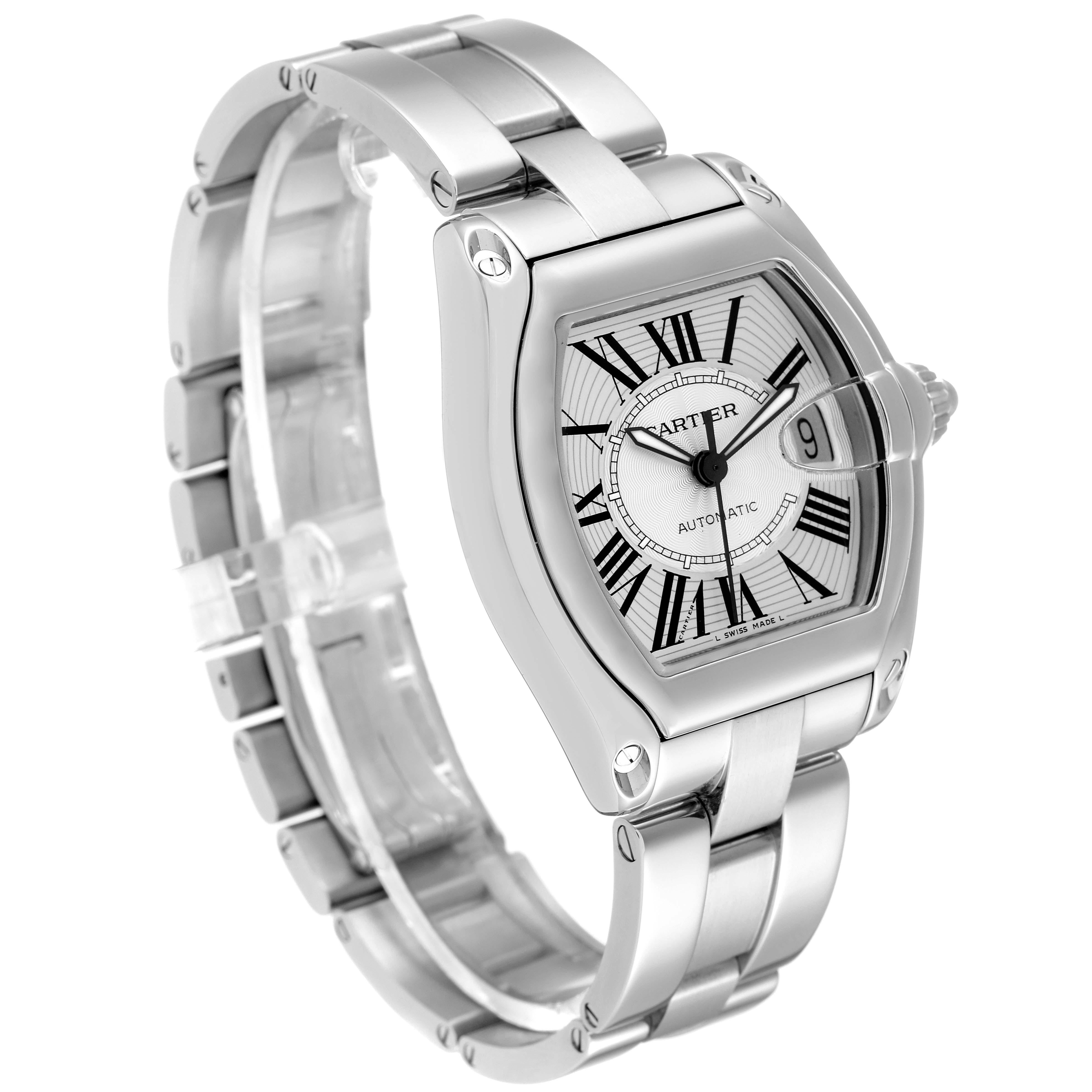 Cartier Roadster Large Silver Dial Steel Mens Watch W62025V3 Box Papers In Excellent Condition In Atlanta, GA