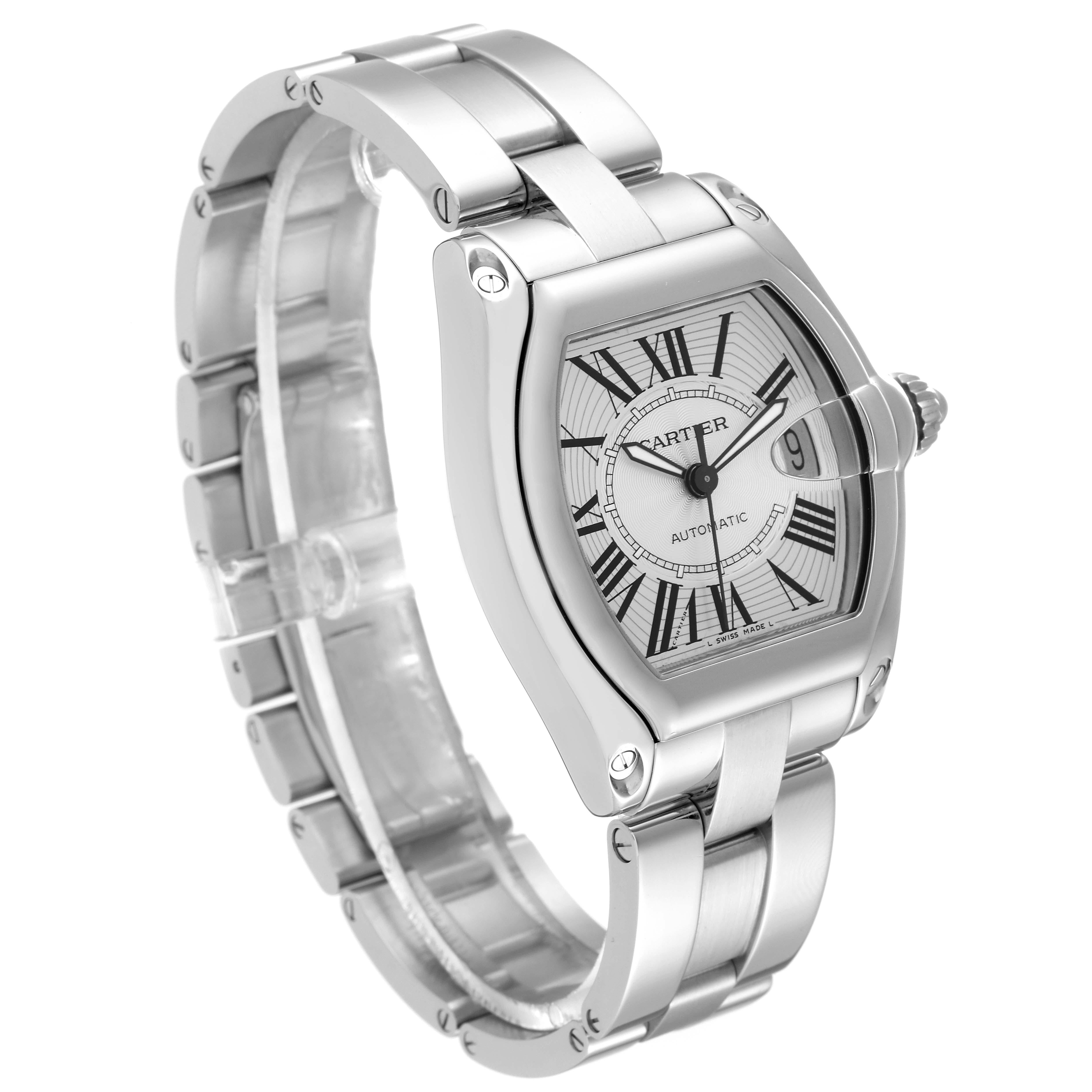 Cartier Roadster Large Silver Dial Steel Mens Watch W62025V3 Box Papers In Excellent Condition In Atlanta, GA
