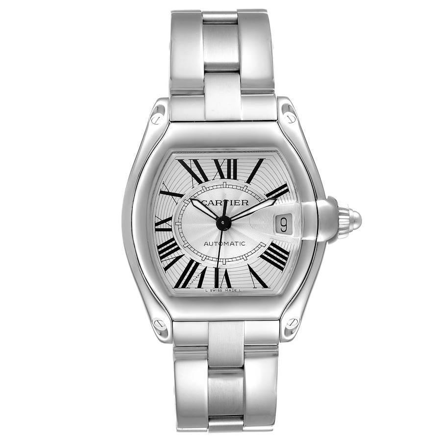 Cartier Roadster Large Silver Dial Steel Mens Watch W62025V3. Automatic self-winding movement. Stainless steel tonneau shaped case 38 x 43 mm. . Scratch resistant sapphire crystal with cyclops magnifying glass. Silver dial with black roman numerals.