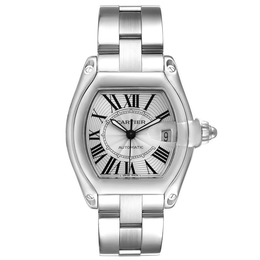 Cartier Roadster Large Silver Dial Steel Mens Watch W62025V3. Automatic self-winding movement. Stainless steel tonneau shaped case 38 x 43 mm. . Scratch resistant sapphire crystal with cyclops magnifying glass. Silver dial with black roman numerals.