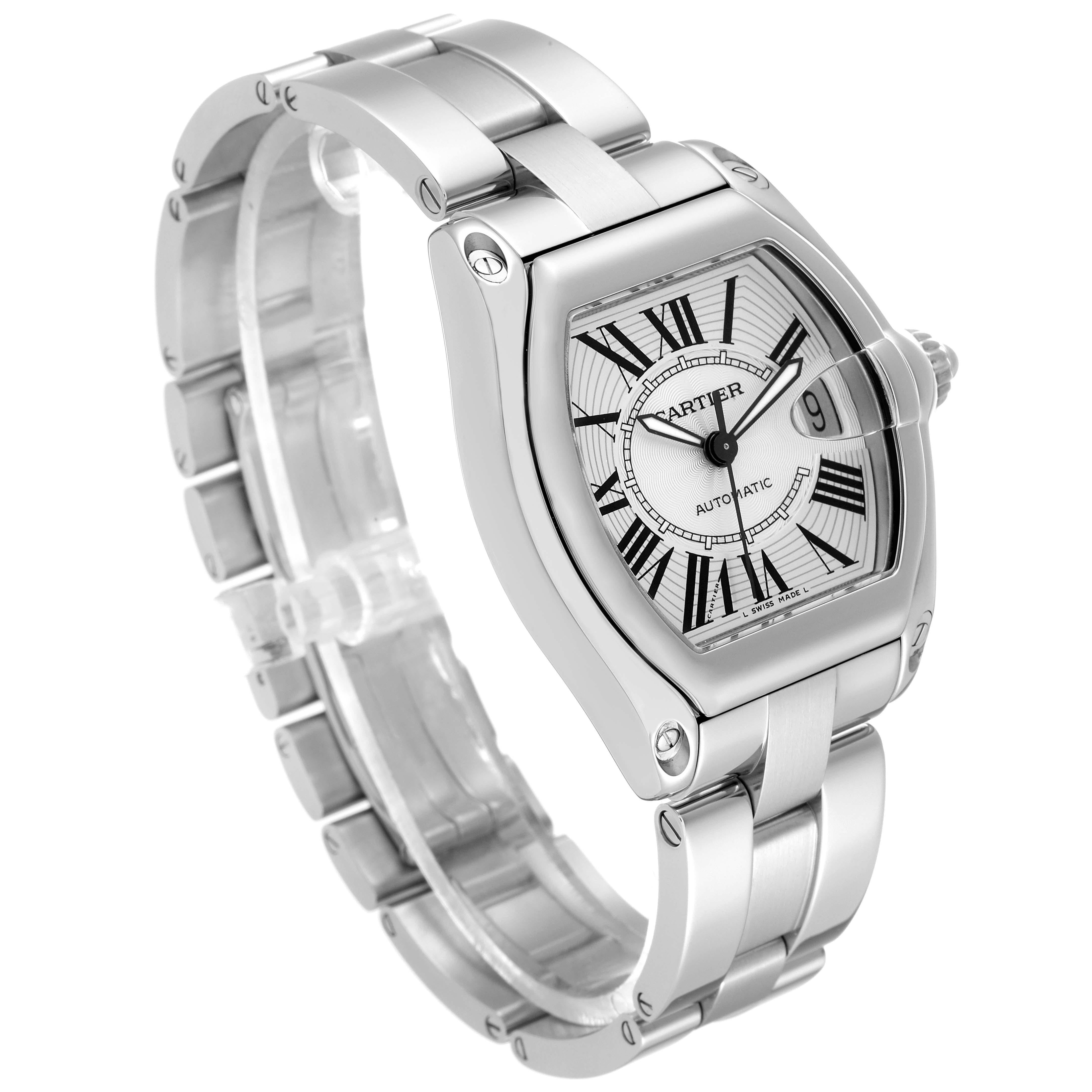 Cartier Roadster Stahl-Herrenuhr mit großem silbernem Zifferblatt W62025V3 im Angebot 1