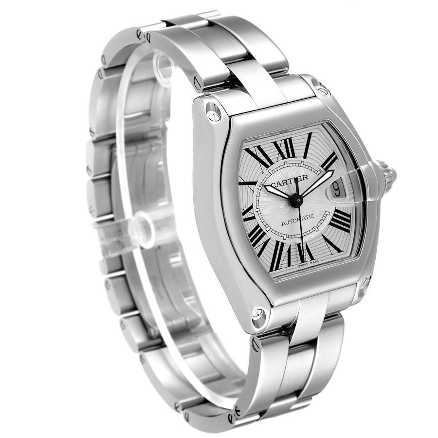 Cartier Roadster Large Silver Dial Steel Mens Watch W62025V3 Papers In Excellent Condition For Sale In Atlanta, GA