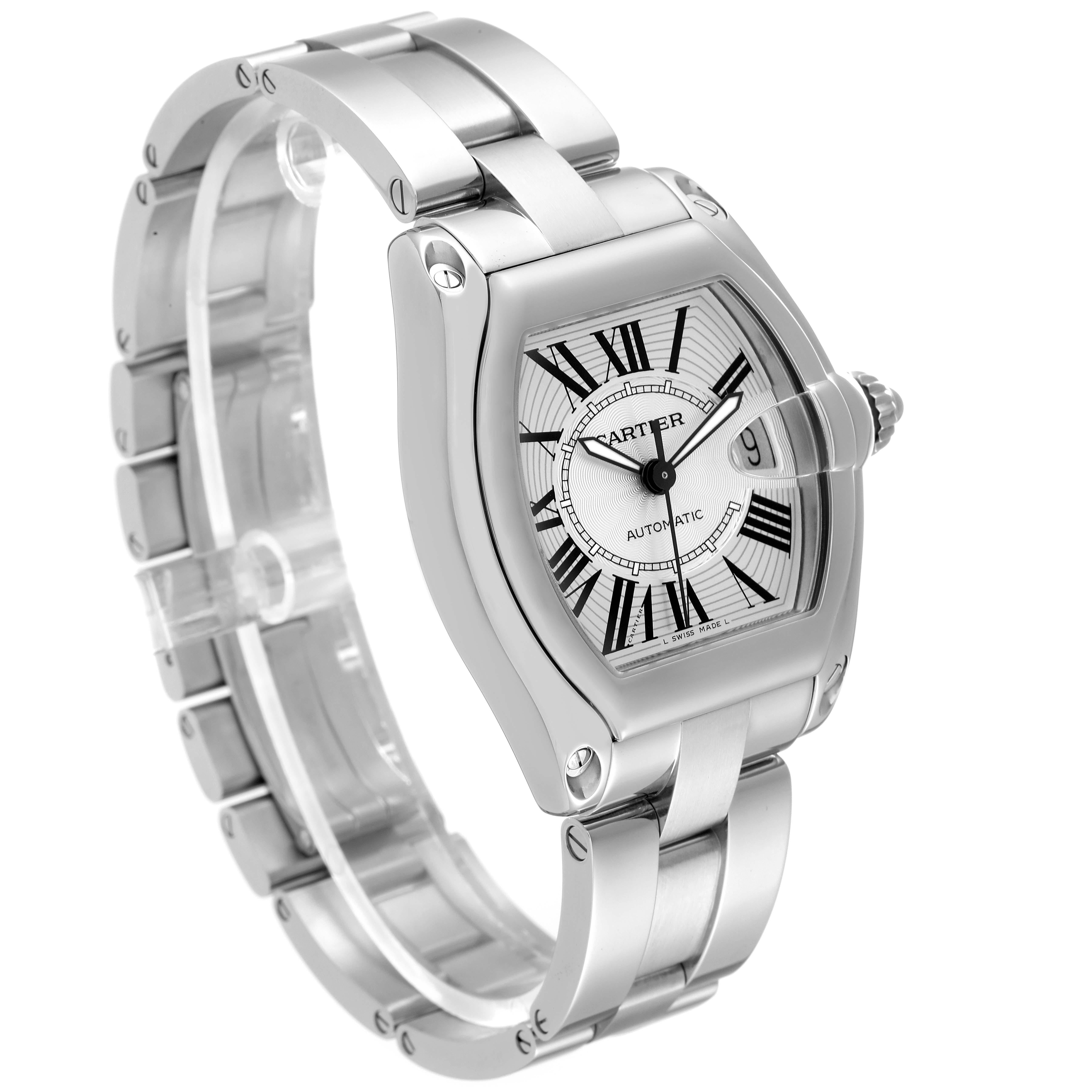 Cartier Roadster Large Silver Dial Steel Mens Watch W62025V3 Papers In Excellent Condition In Atlanta, GA