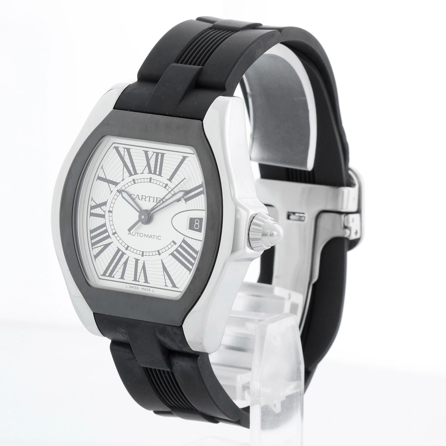 Cartier Roadster Men's Stainless Steel Sports Watch W6206018  3312 - Automatic winding with date. Tonneau case shaped case size. (40mm). Silver dial with black Roman numerals. Cartier rubber strap with steel deployant clasp. Pre-owned with Cartier
