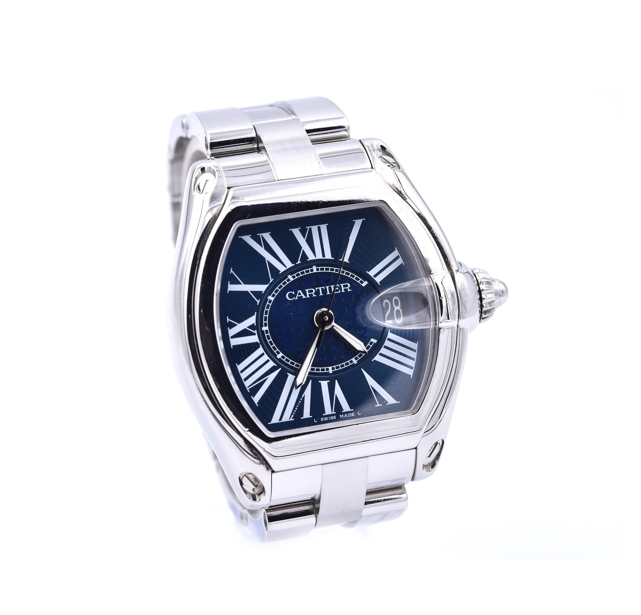 Movement: automatic self-winding
Function: hours, minutes, seconds, date
Case: 47.20mm x 42mm stainless steel case, screw down crown, sapphire crystal
Dial: blue anniversary dial, steel sword hands, roman numeral hour markers
Band: Cartier stainless