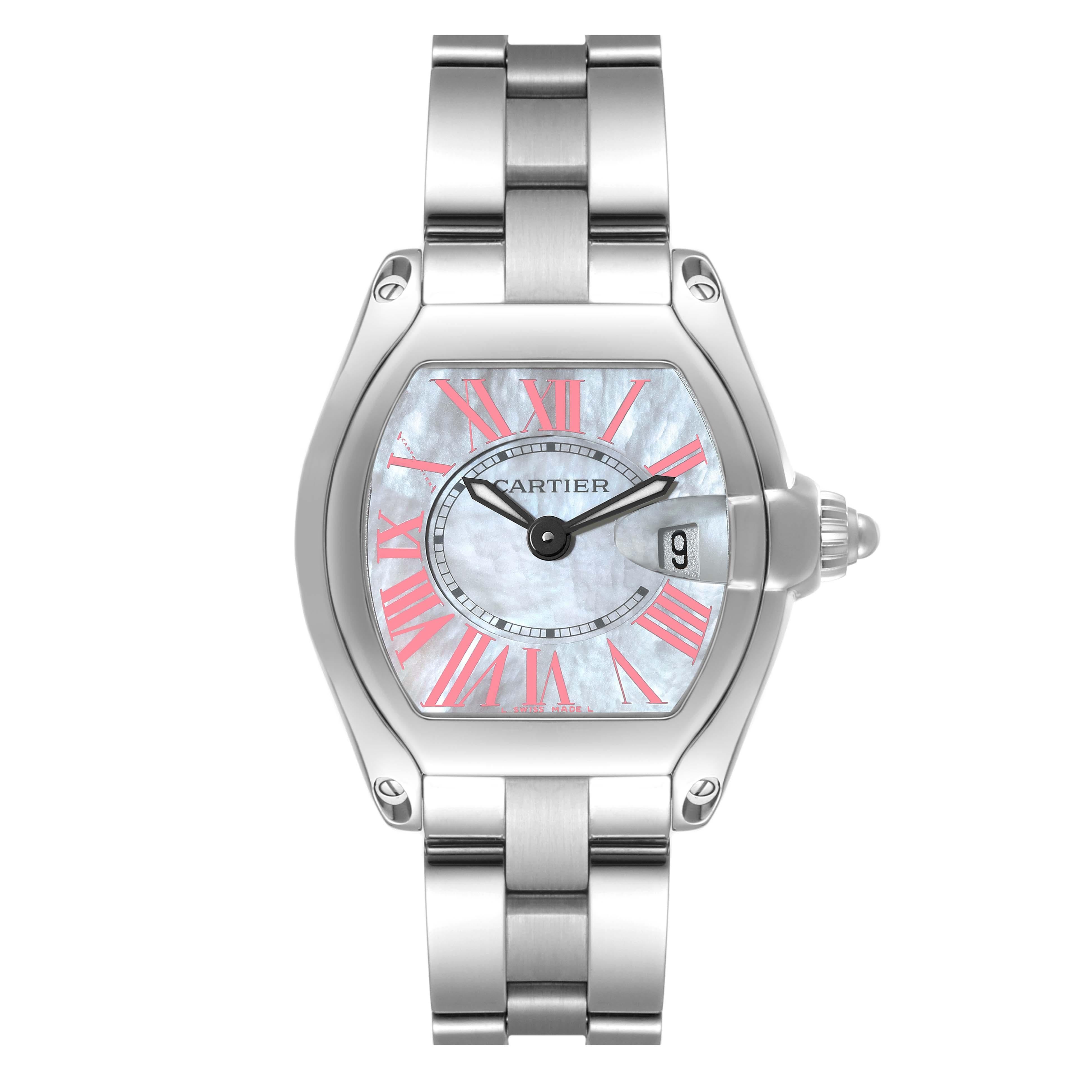 Cartier Roadster Mother of Pearl Dial Steel Ladies Watch W6206006 Box Papers. Swiss quartz movement calibre 688. Stainless steel tonneau shaped case 36 x 30 mm. . Scratch resistant sapphire crystal with cyclops magnifier. Mother of pearl dial with