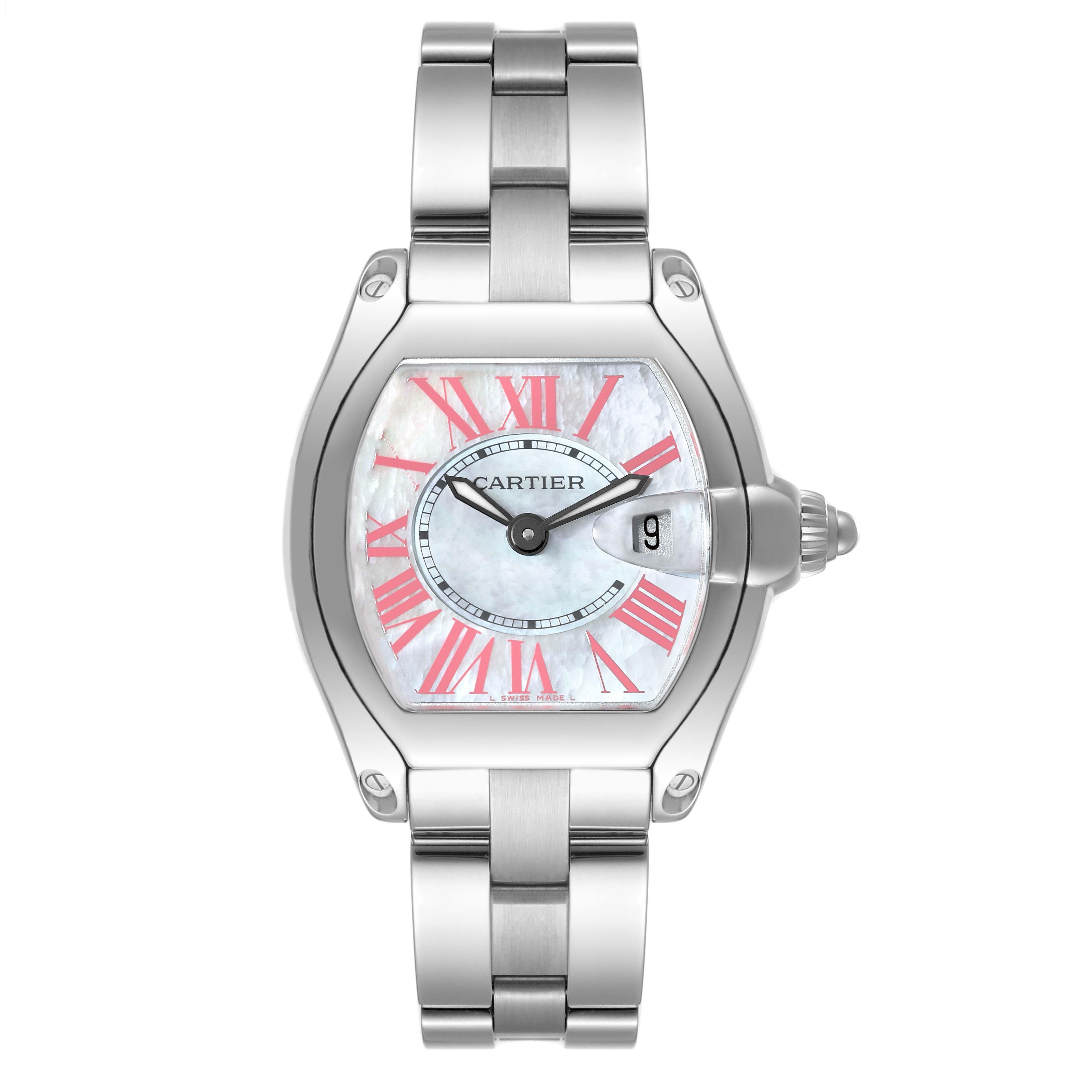 Cartier Roadster Mother of Pearl Dial Steel Ladies Watch W6206006. Swiss quartz movement calibre 688. Stainless steel tonneau shaped case 36 x 30 mm. . Scratch resistant sapphire crystal with cyclops magnifier. Mother of pearl dial with pink Roman