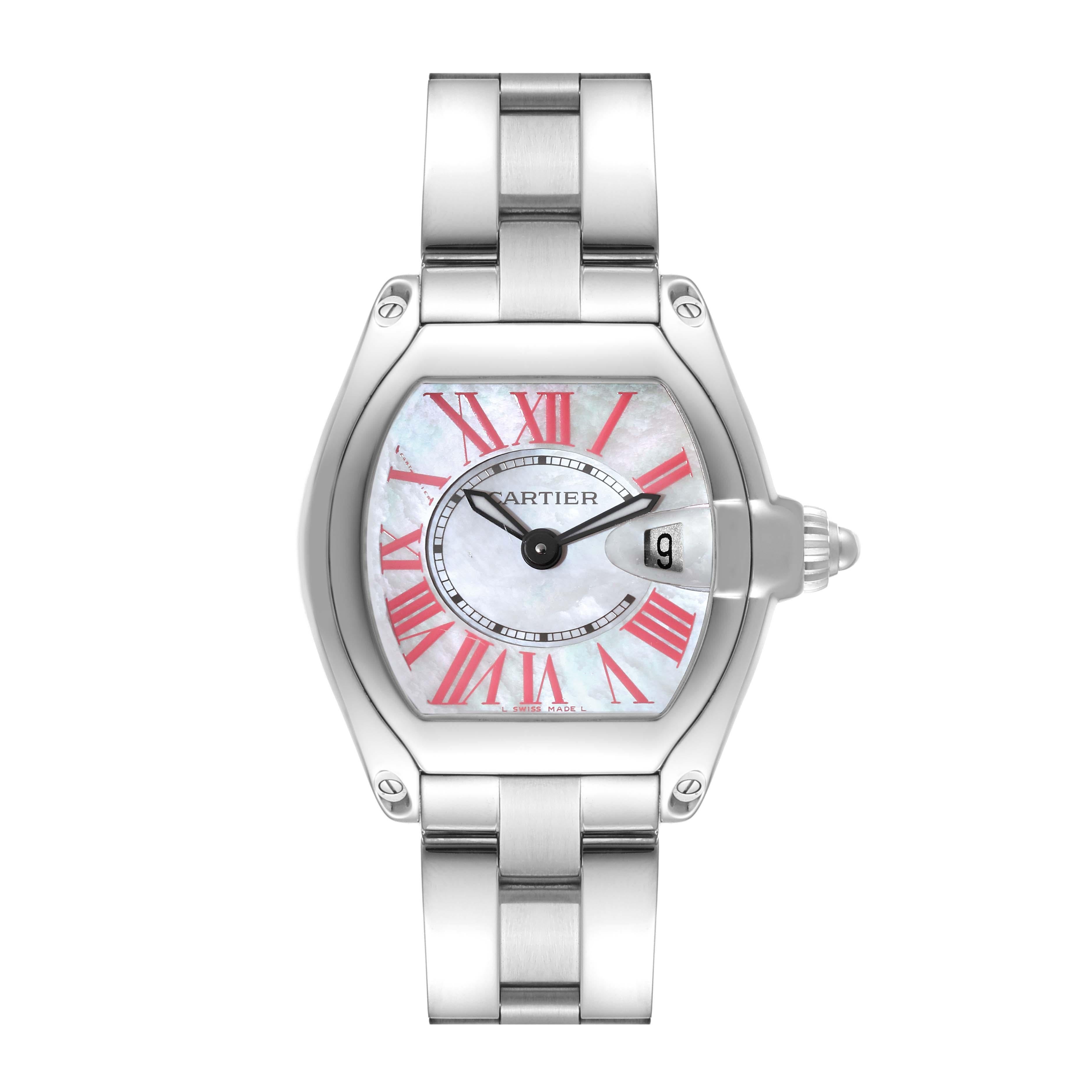 Cartier Roadster Mother of Pearl Dial Steel Ladies Watch W6206006. Swiss quartz movement. Stainless steel tonneau shaped case 36 x 30 mm. . Scratch resistant sapphire crystal with cyclops magnifier. Mother of pearl dial with pink Roman numerals.