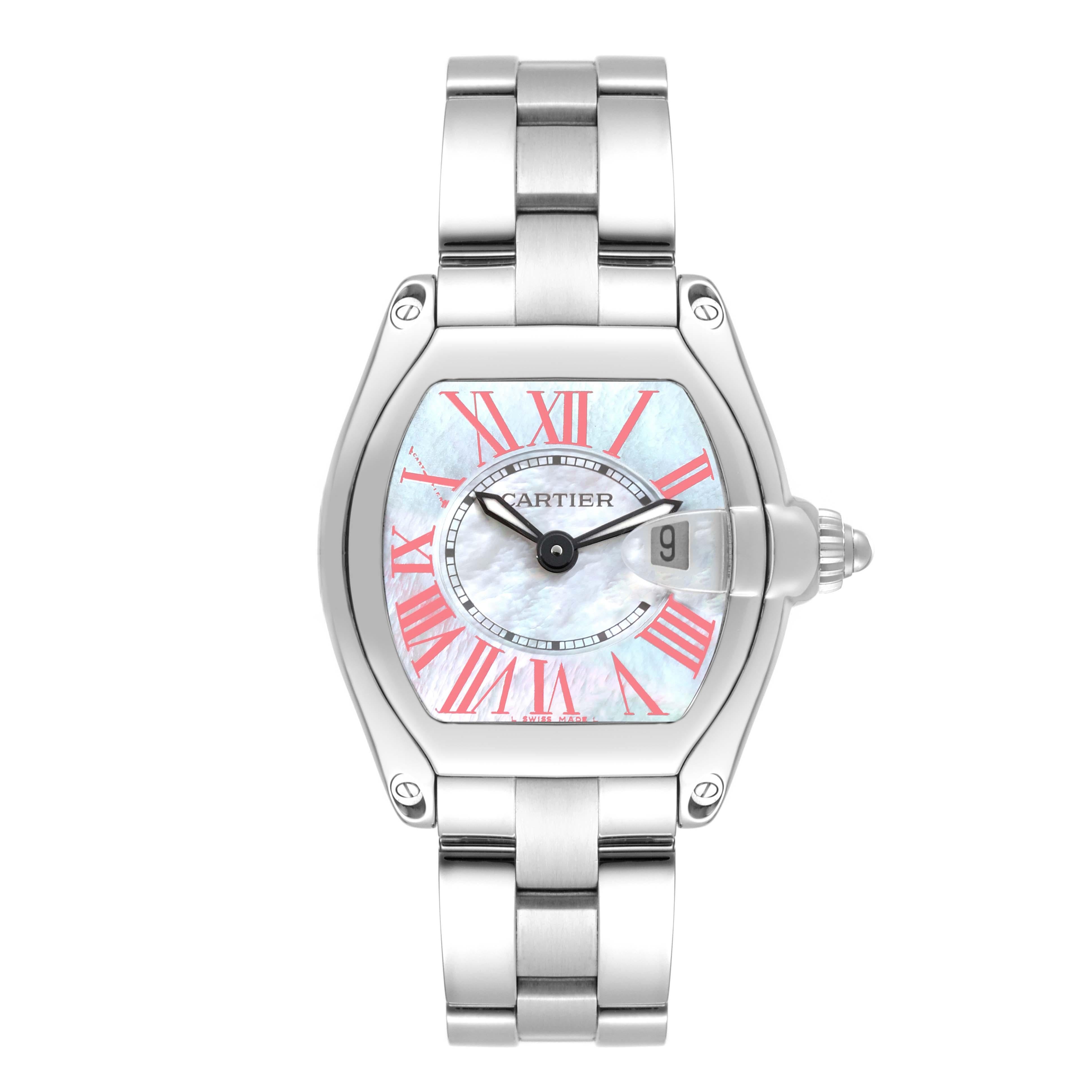 Cartier Roadster Mother of Pearl Dial Steel Ladies Watch W6206006. Swiss quartz movement calibre 688. Stainless steel tonneau shaped case 36 x 30 mm. . Scratch resistant sapphire crystal with cyclops magnifier. Mother of pearl dial with pink Roman