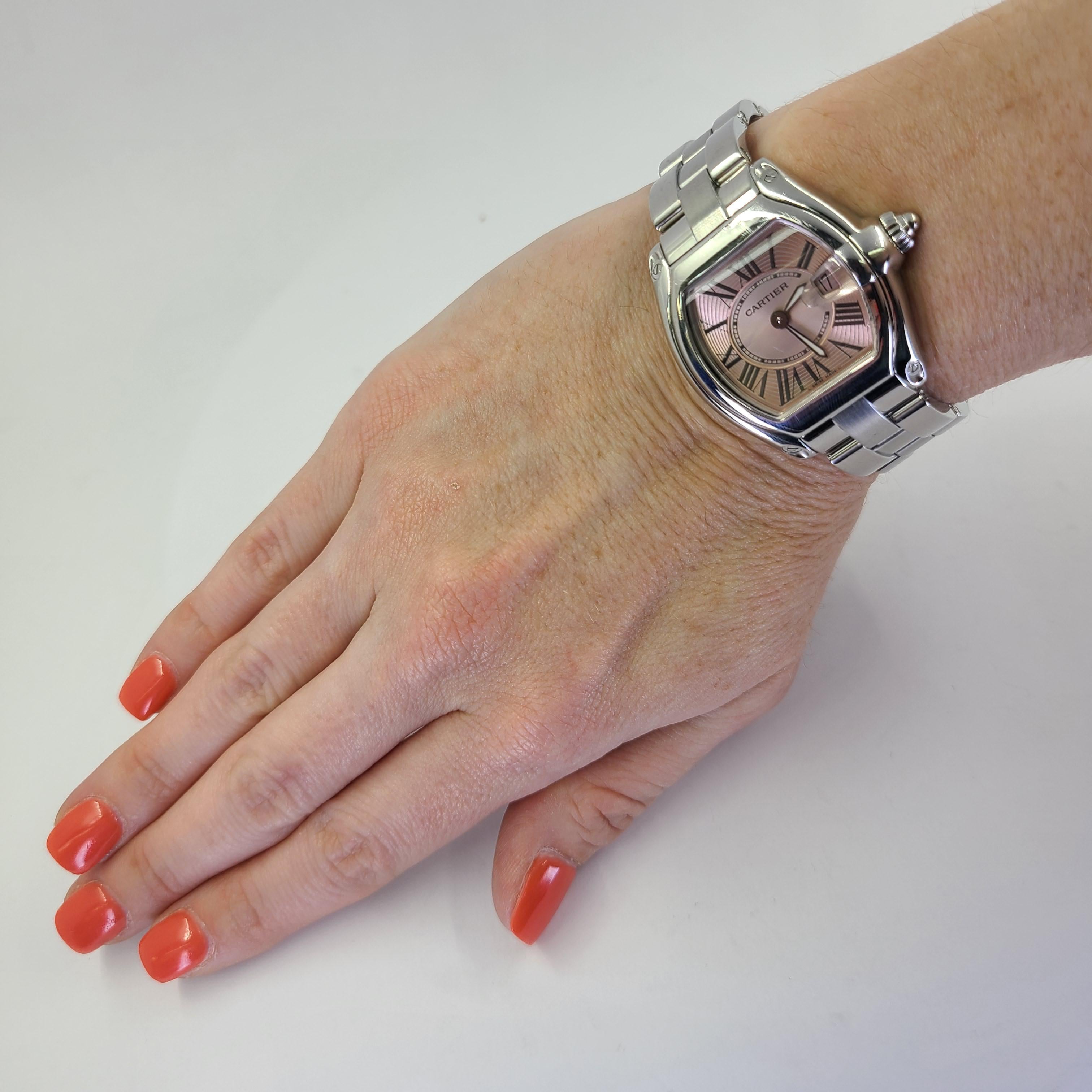 Pre-Owned Cartier Stainless Steel Roadster Quartz Watch Featuring A Pink Roman Dial & Steel Detachable Bracelet. Caseback #2675