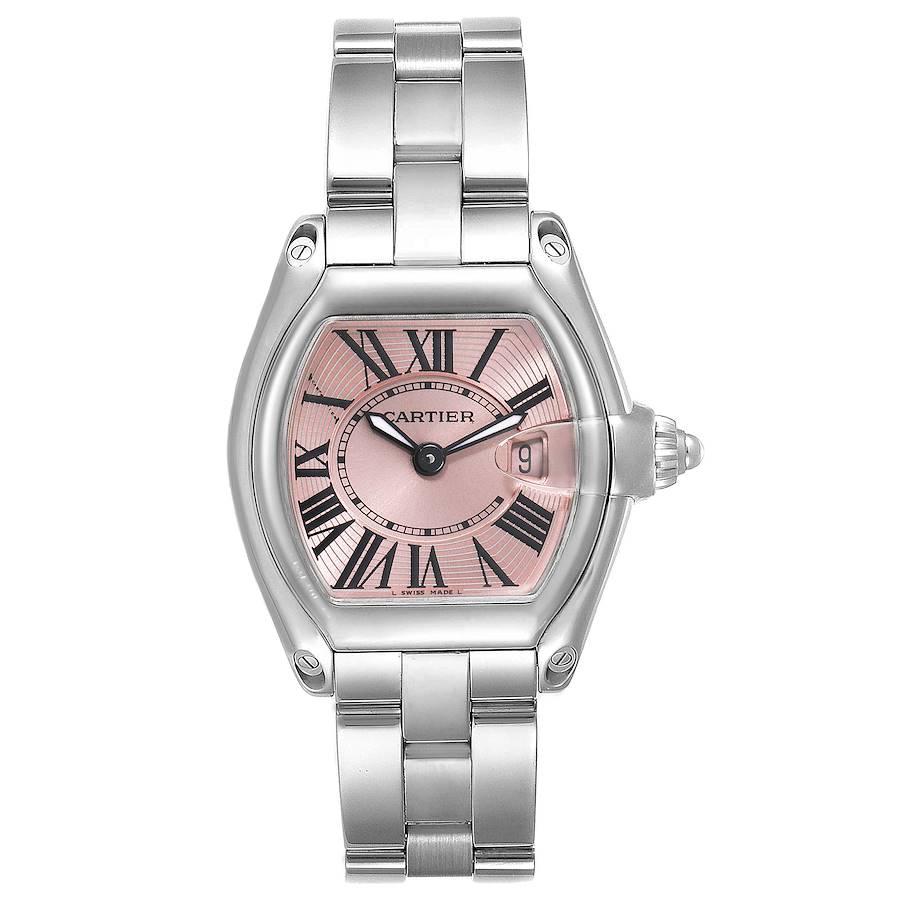 Cartier Roadster Pink Dial Stainless Steel Ladies Watch W62017V3 Box Papers. Swiss quartz movement calibre 688. Stainless steel tonneau shaped case 36 x 30 mm. . Scratch resistant sapphire crystal with cyclops magnifying glass. Pink sunray effect