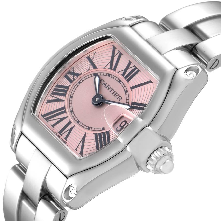 Cartier Roadster Pink Dial Stainless Steel Ladies Watch W62017V3 Box Papers In Excellent Condition For Sale In Atlanta, GA